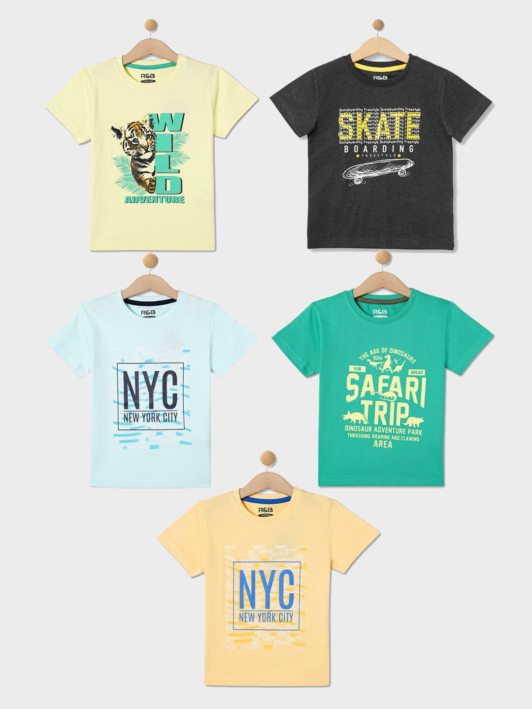 

R&B Boys Pack Of 5 Typography Printed Round Neck Cotton T-shirts, Yellow