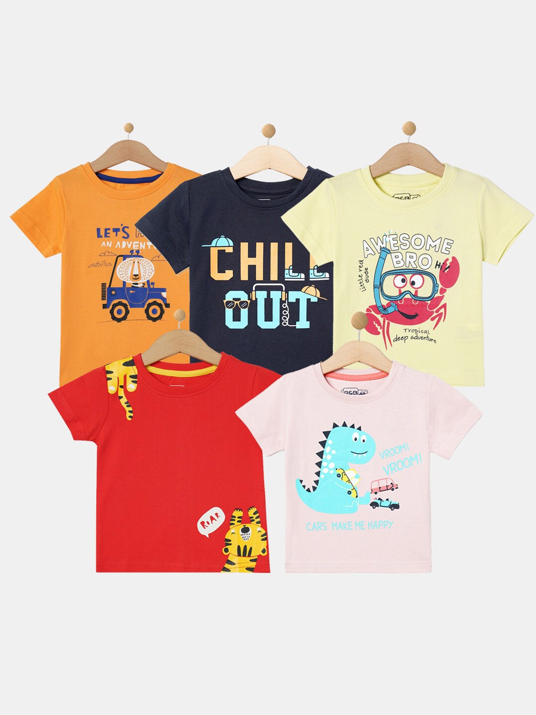 

R&B Boys Pack Of 5 Graphic Printed Round Neck Cotton T-shirts, Orange