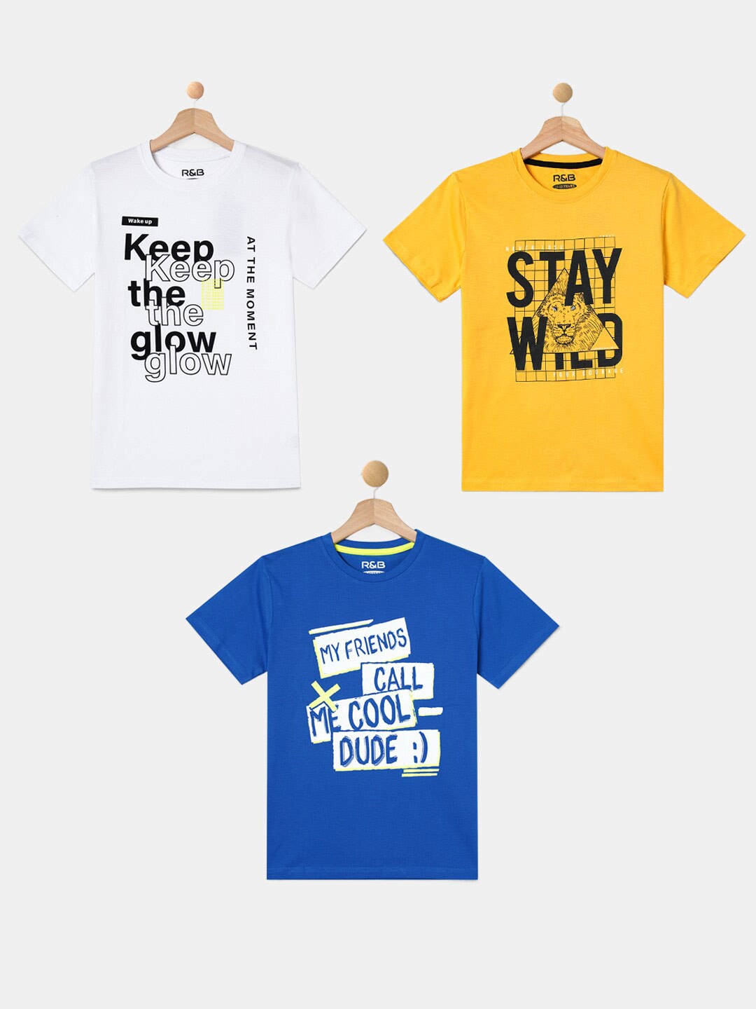 

R&B Boys Pack Of 3 Typography Printed Round Neck Cotton T-shirts, White