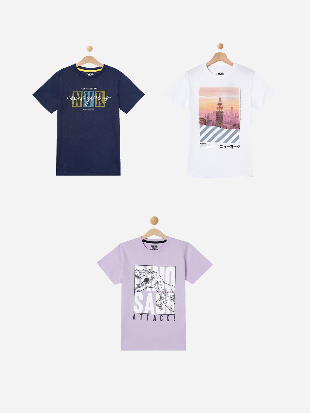 

R&B Boys Pack Of 3 Graphic Printed Round Neck Cotton T-shirts, Navy blue
