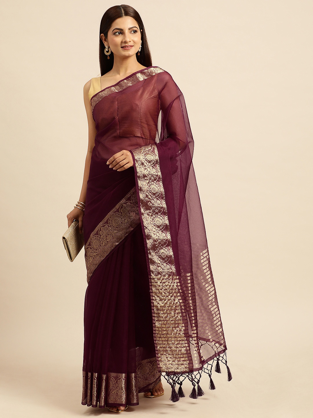 

kasee Zari Silk Cotton Chanderi Saree, Burgundy