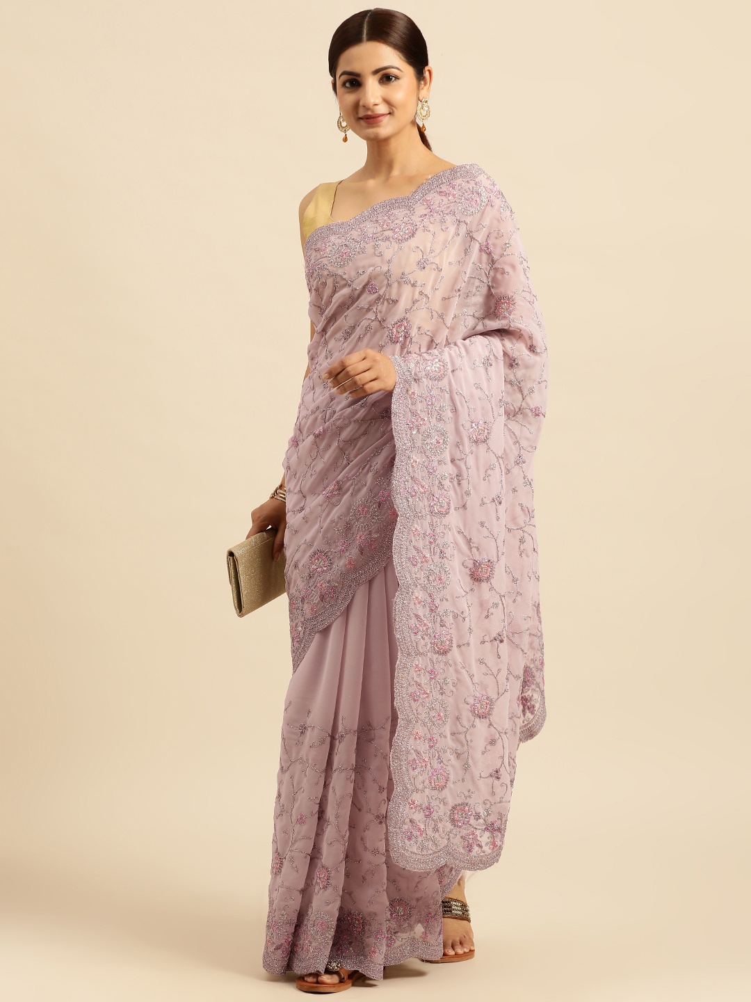 

kasee Floral Embroidered Zari Silk Cotton Saree, Lavender