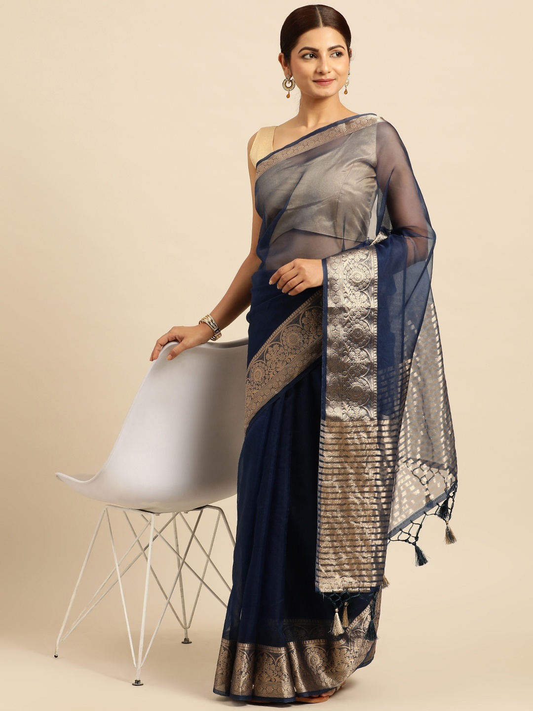 

kasee Zari Silk Cotton Chanderi Saree, Navy blue