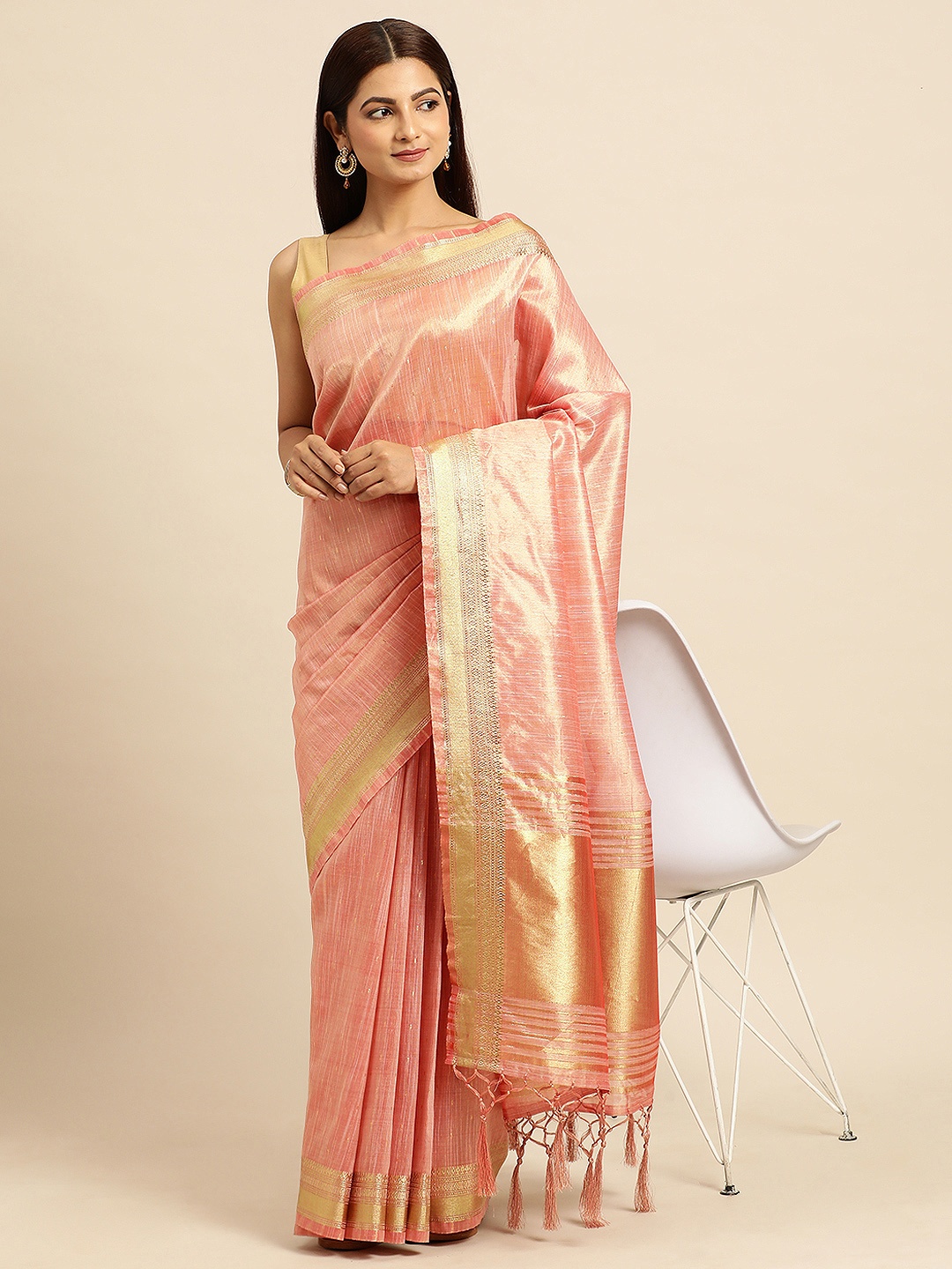 

kasee Striped Zari Silk Cotton Chanderi Saree, Pink