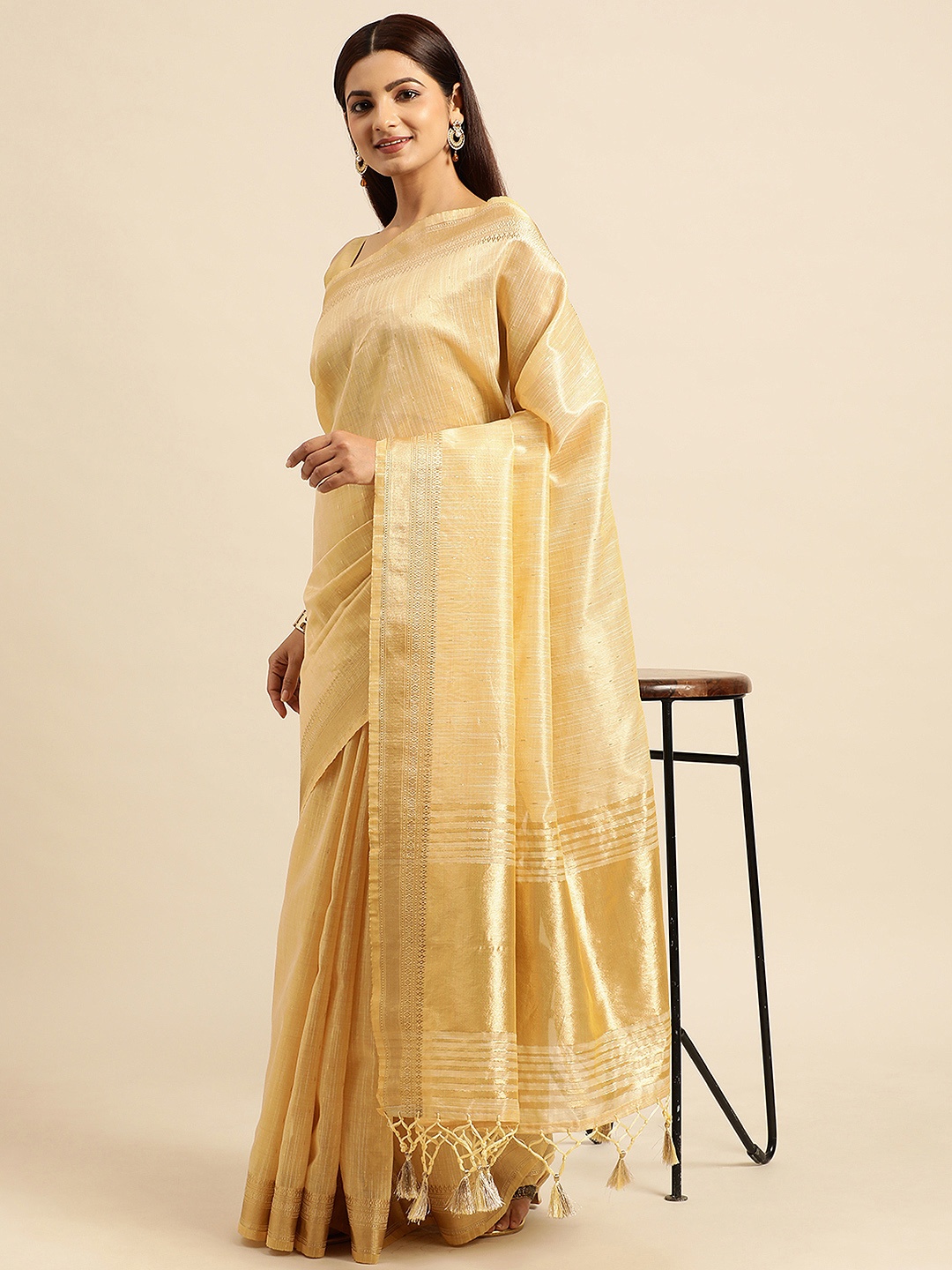 

kasee Striped Zari Silk Cotton Chanderi Saree, Mustard