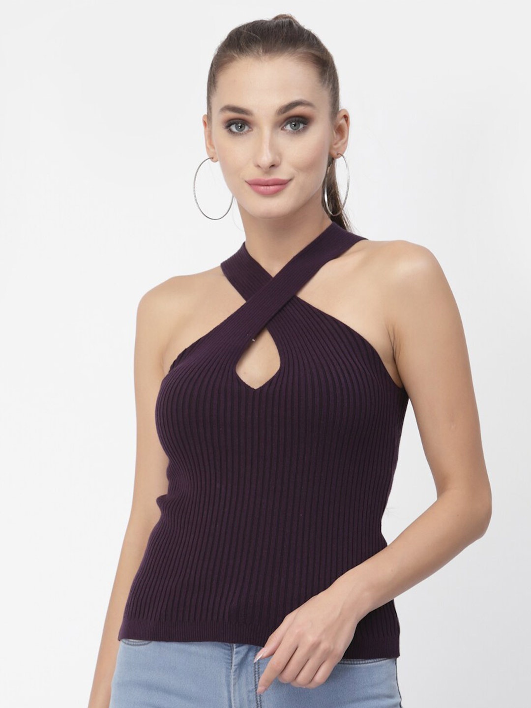 

Kalt Halter Neck Sleeveless Fitted Knitted Ribbed Top, Purple