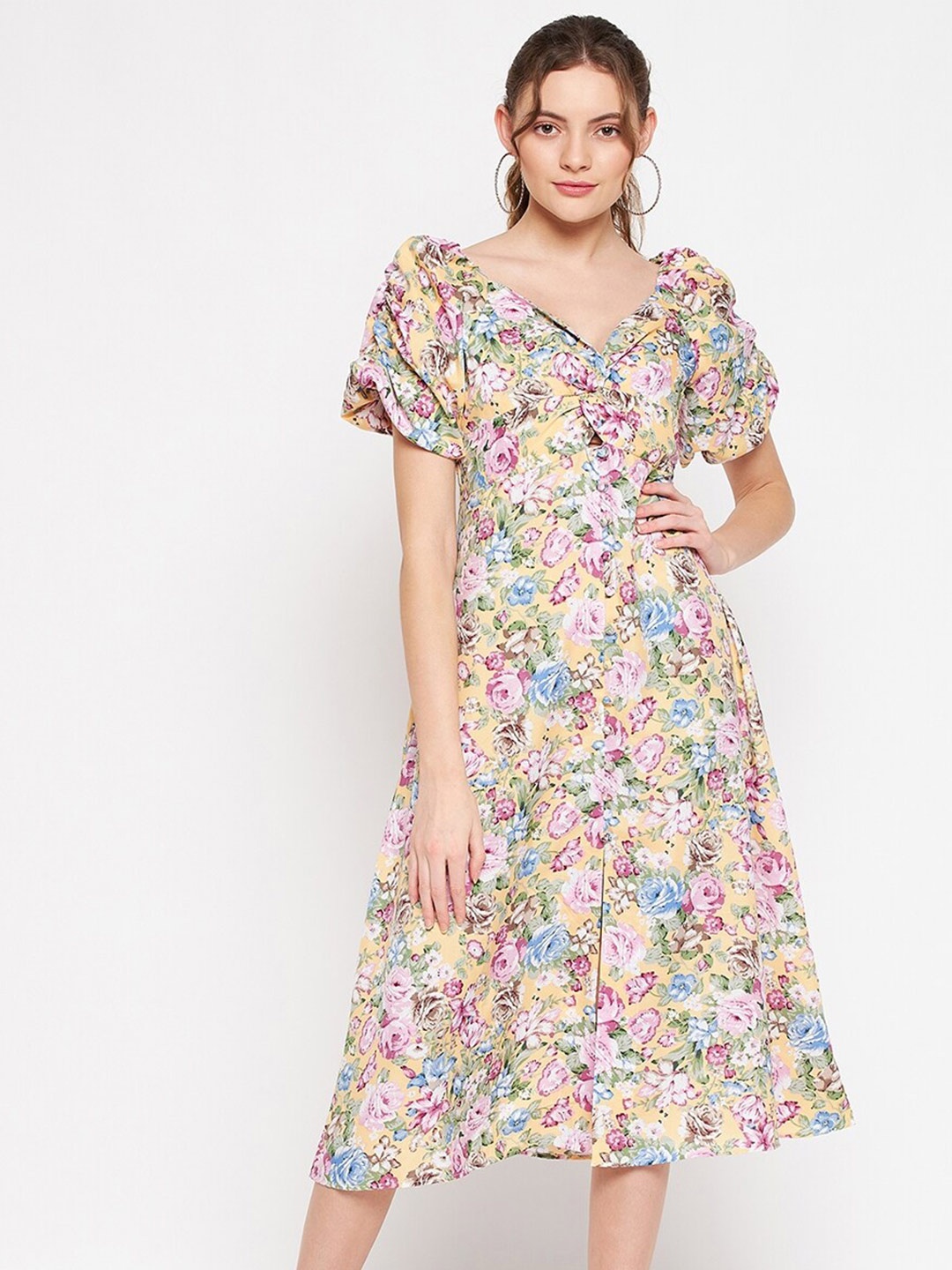 

PURYS Floral Print Crepe A-Line Midi Dress, Beige