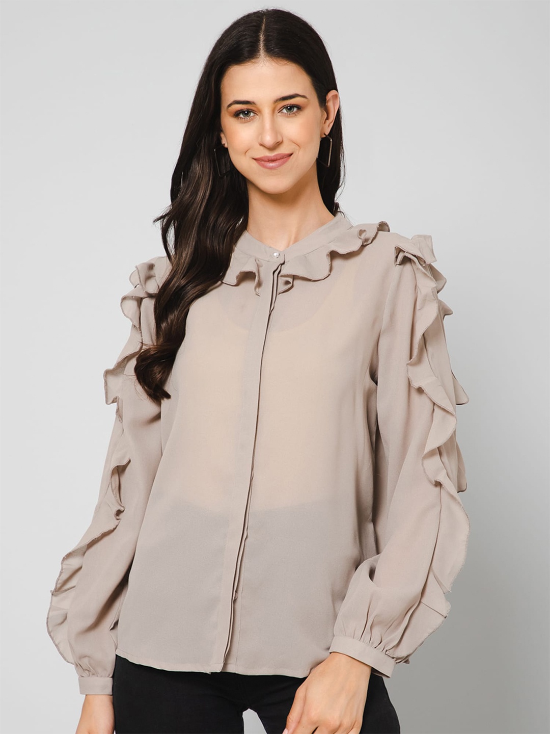 PURYS Standard Band Collar Semi Sheer Ruffled Casual Shirt, Brown