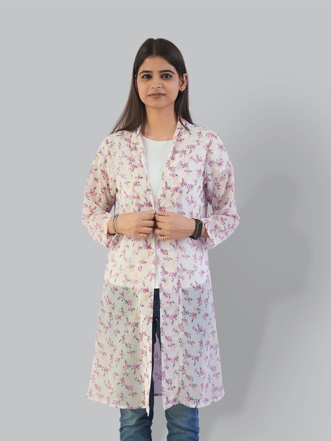 

CUFFS N LASHES Floral Printed Front Open Longline Shrug, Pink