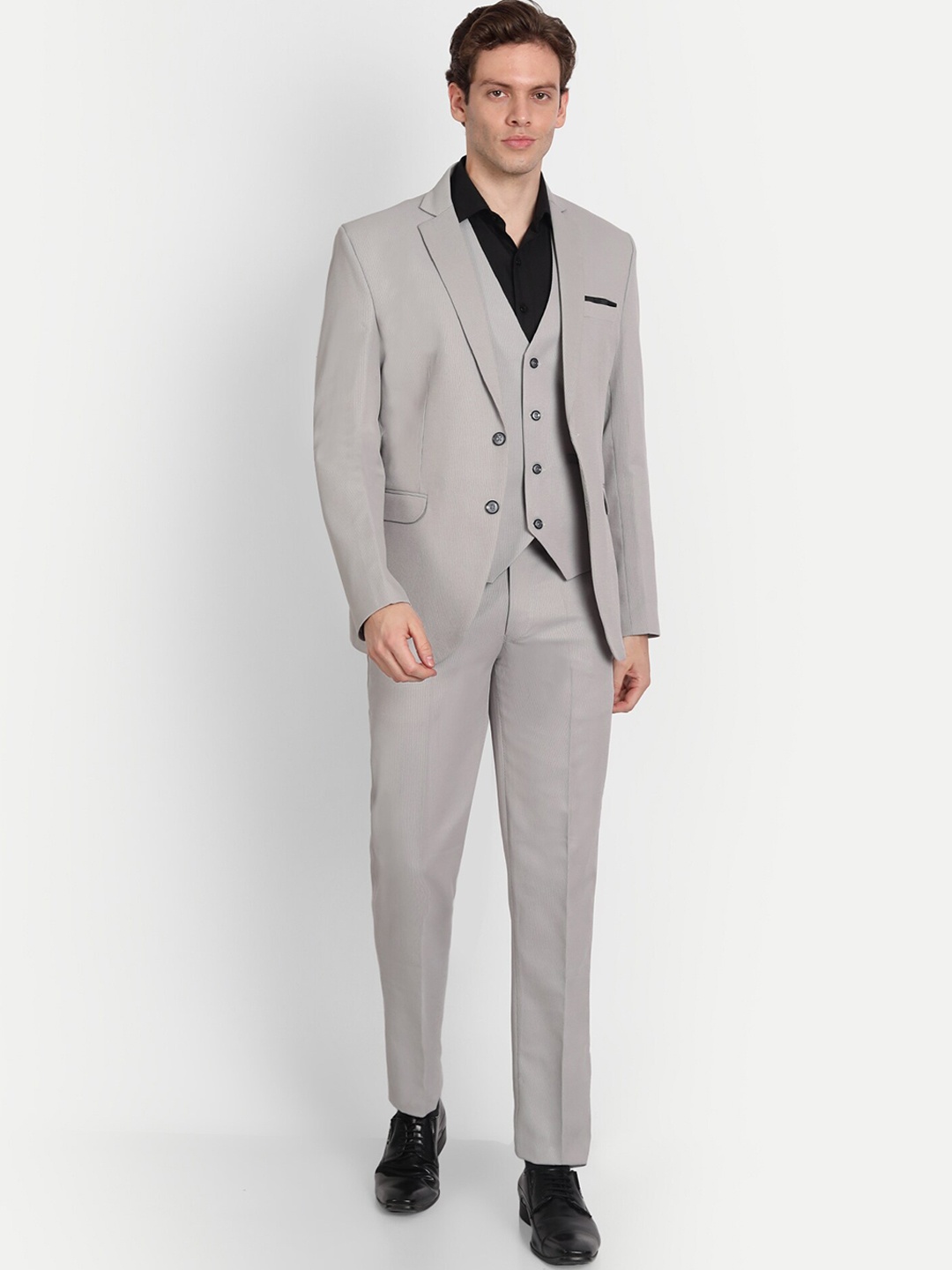 

TrulyFeb Self-Design Slim-Fit Single Breasted 3 Piece Formal Suits, Grey