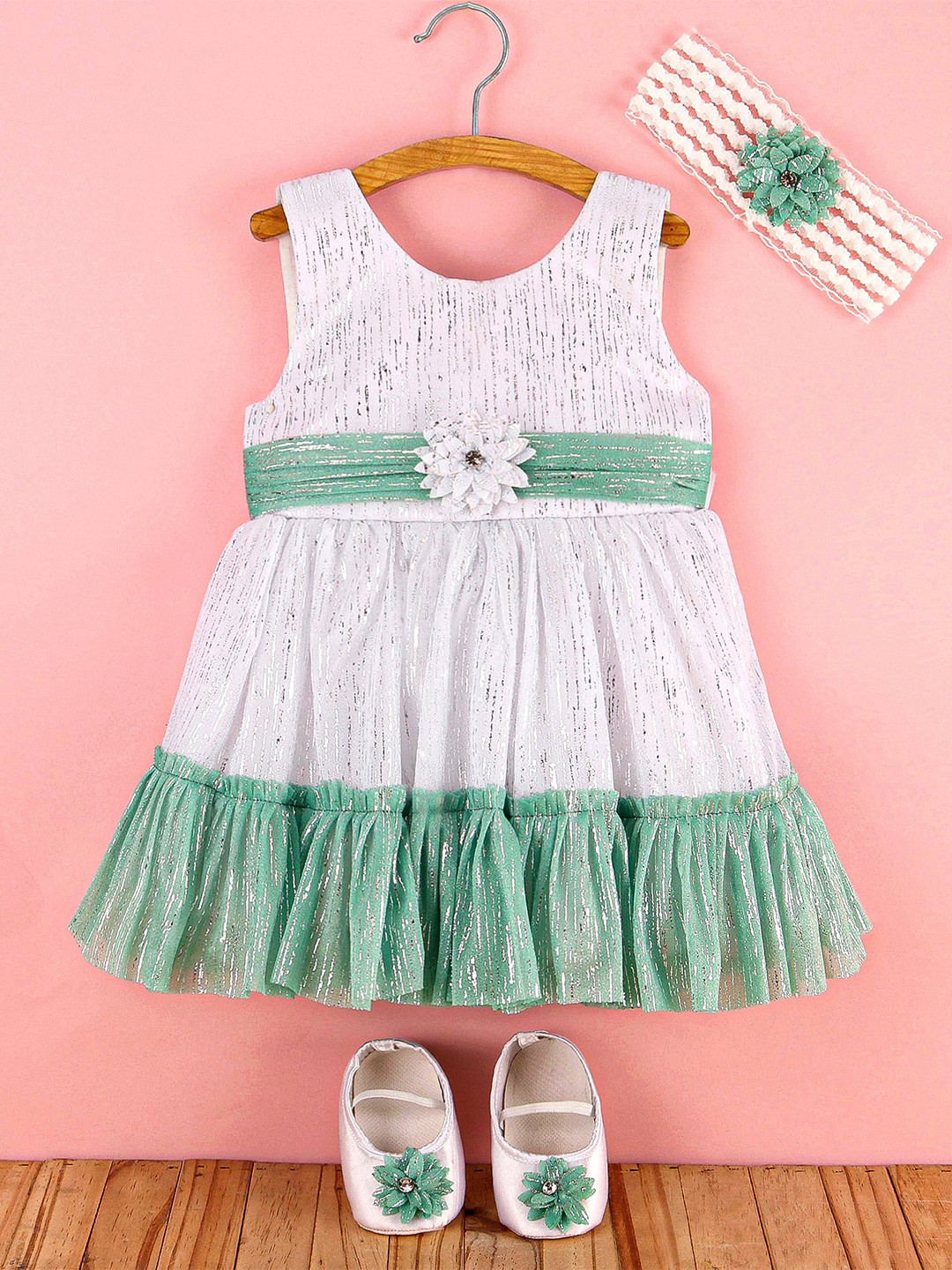 

Enfance Girls Self Design Net Fit & Flare Dress With Bellies & Hairband, Green