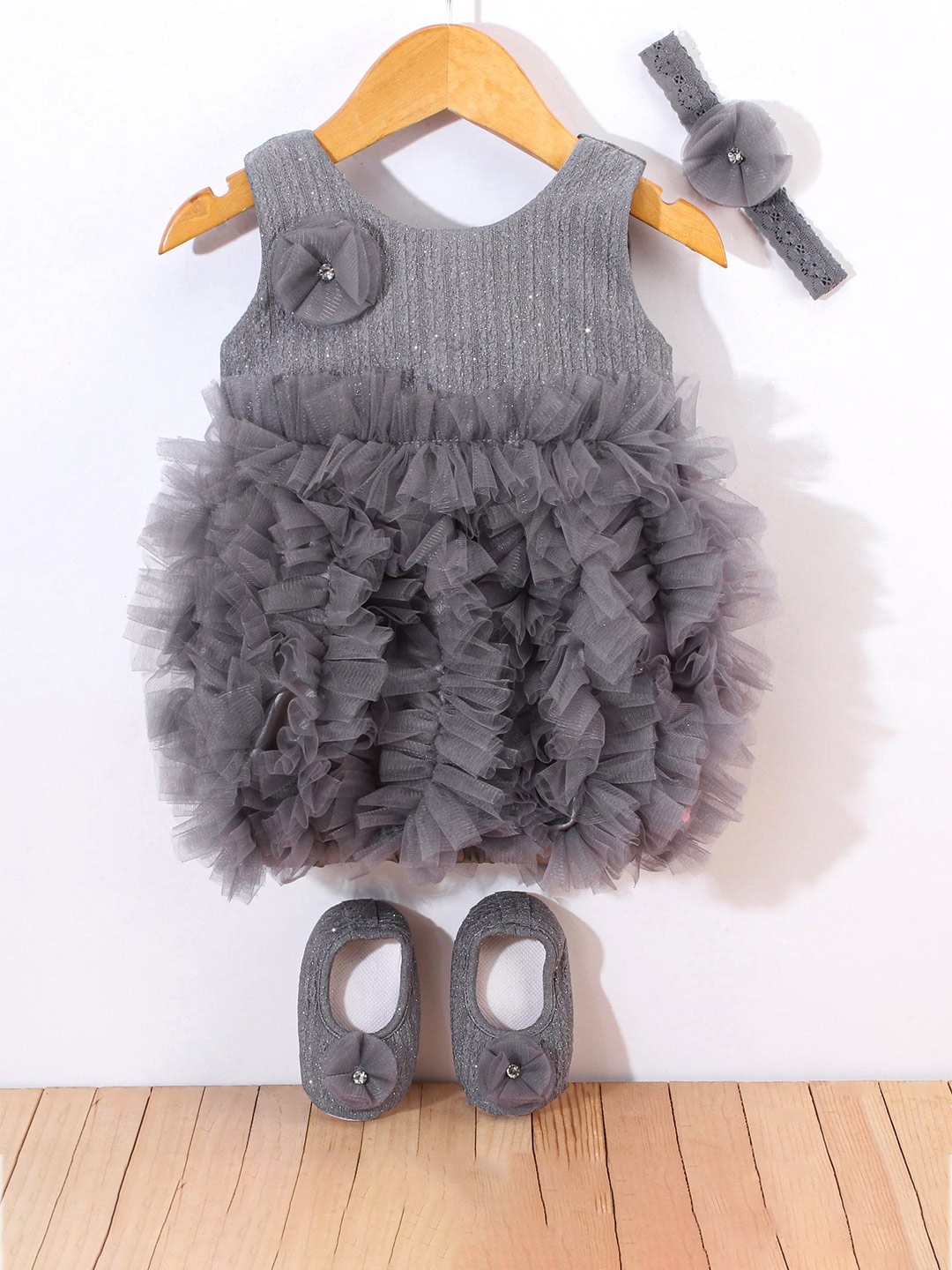

Enfance Infant Girls Self Design Tulle Net Fit & Flare Dress With Bellies & Hairband, Grey