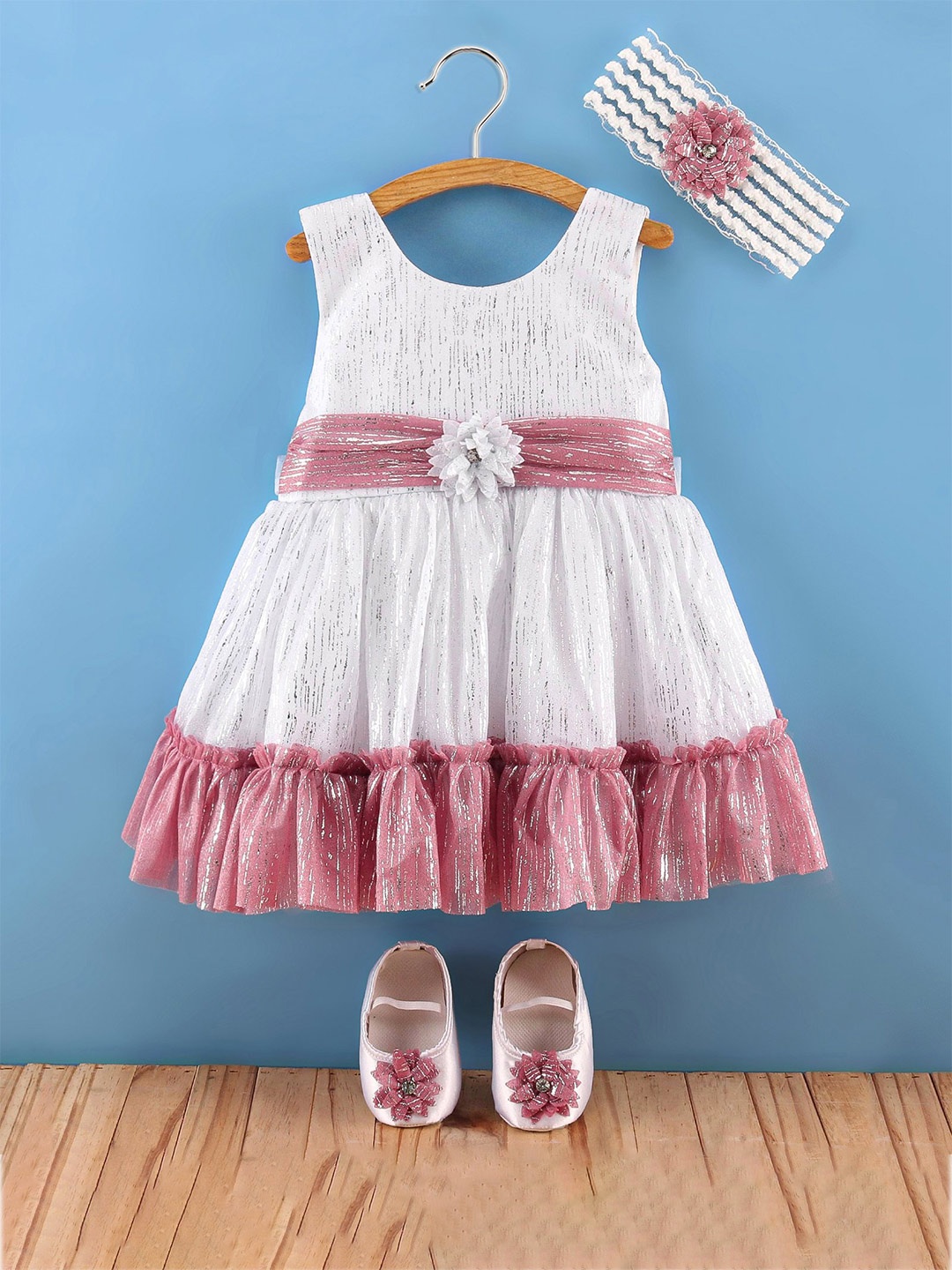 

Enfance Infant Girls Self Design Fit & Flare Dress With Bellies & Hairband, White