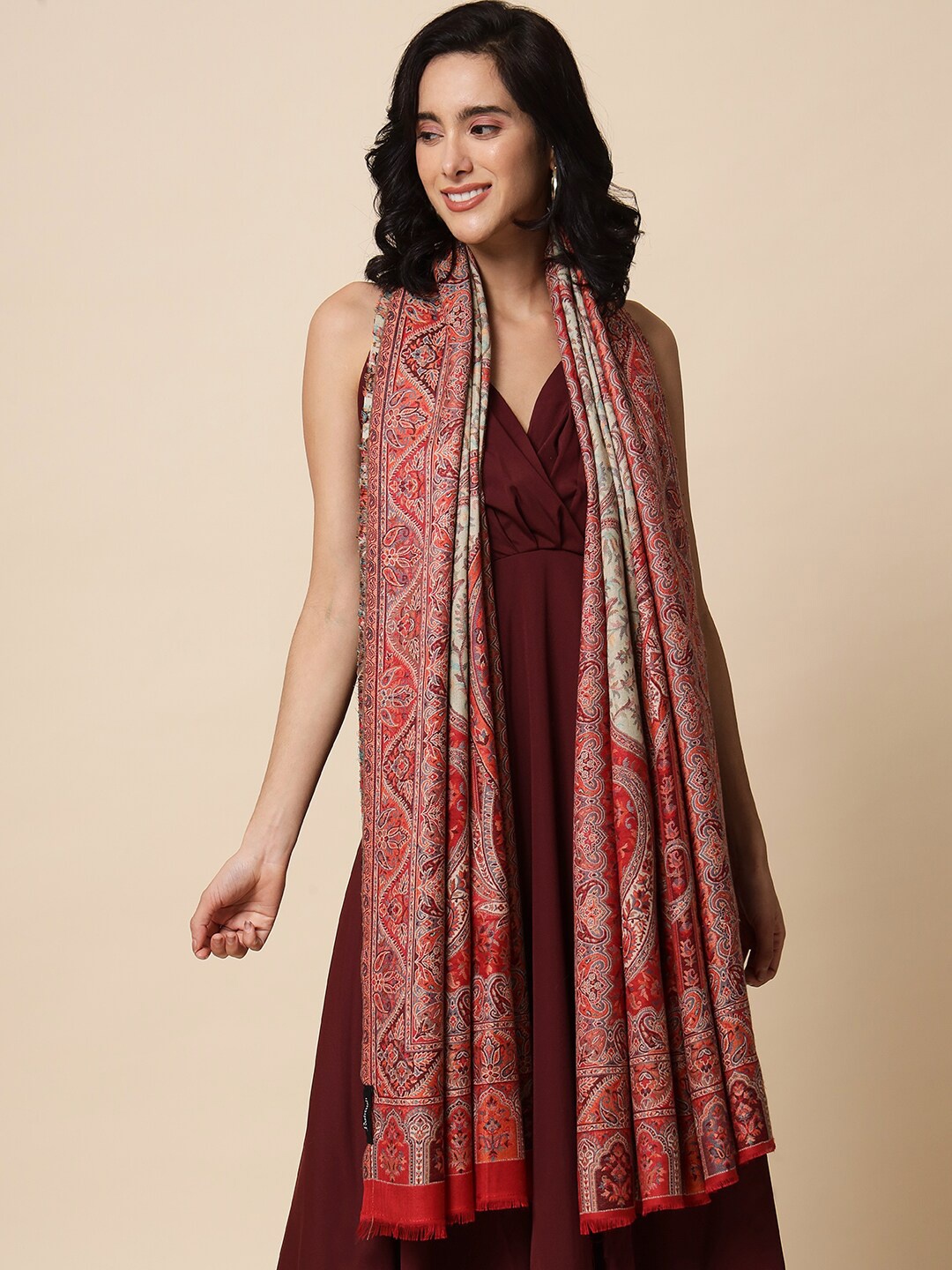 

Pashtush Women Ethnic Motifs Woven Design Woolen Shawl, Red
