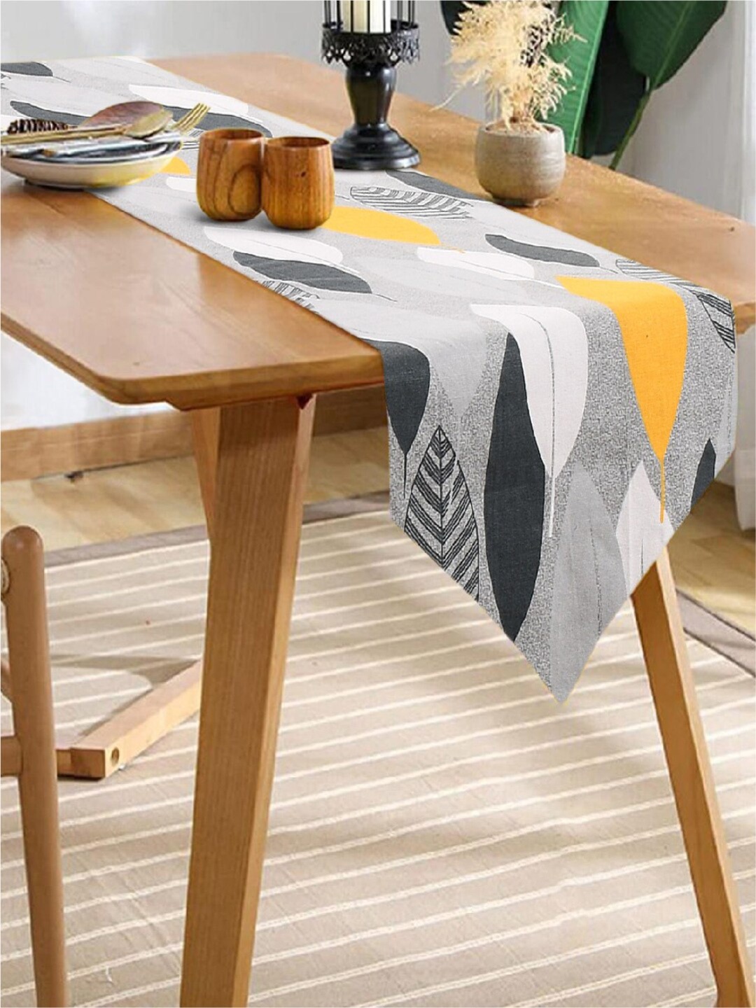 

URBAN SPACE Grey & Yellow Leaf Printed 6-Seater Cotton Table Runner