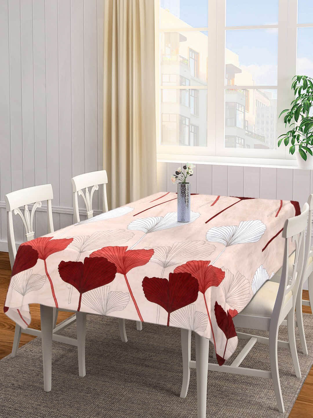 

Arrabi Peach & Red Leaf Printed 8-Seater Table Cover