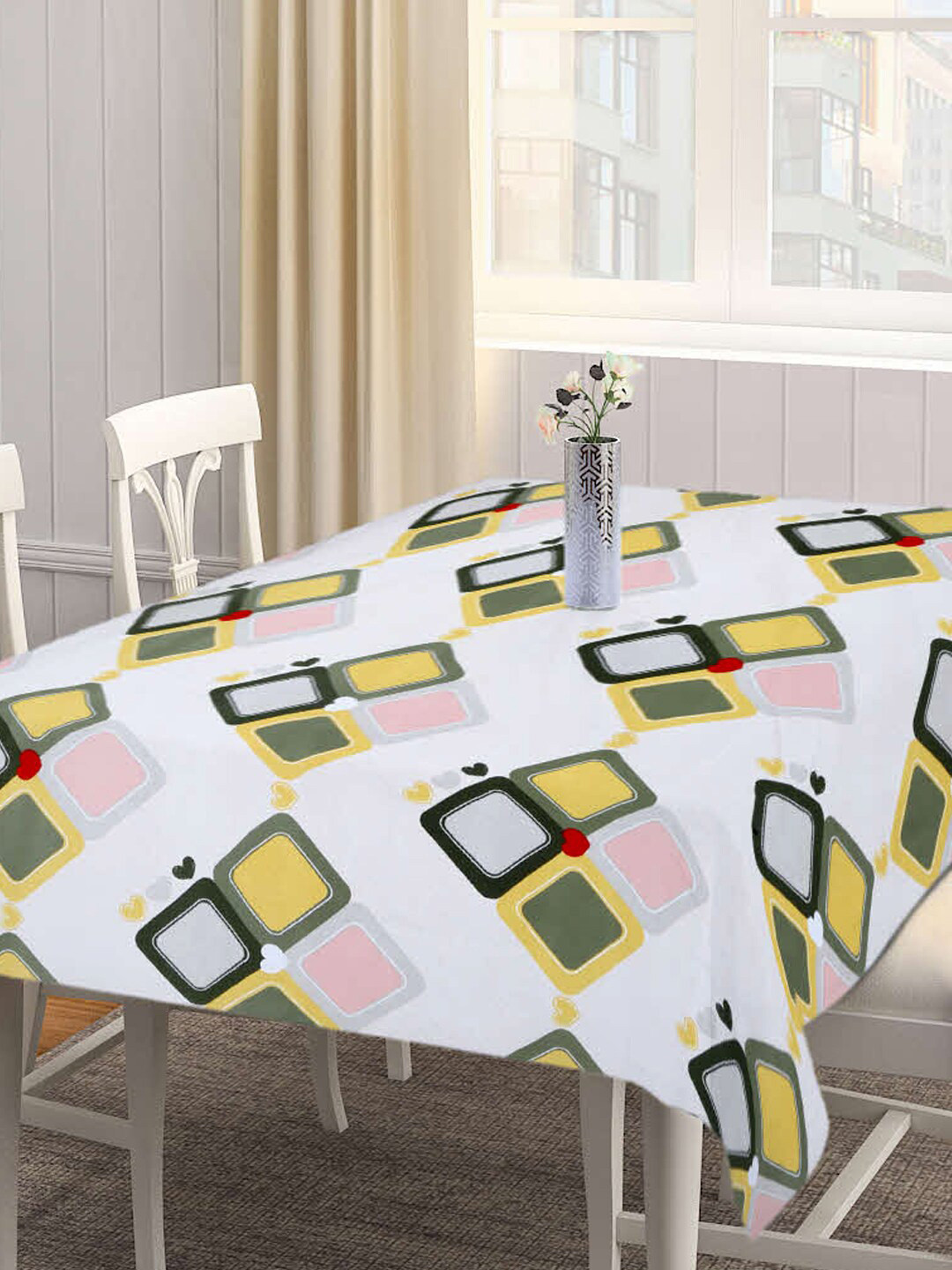 

Arrabi White & Green Geometric Printed 6-Seater Table Cover