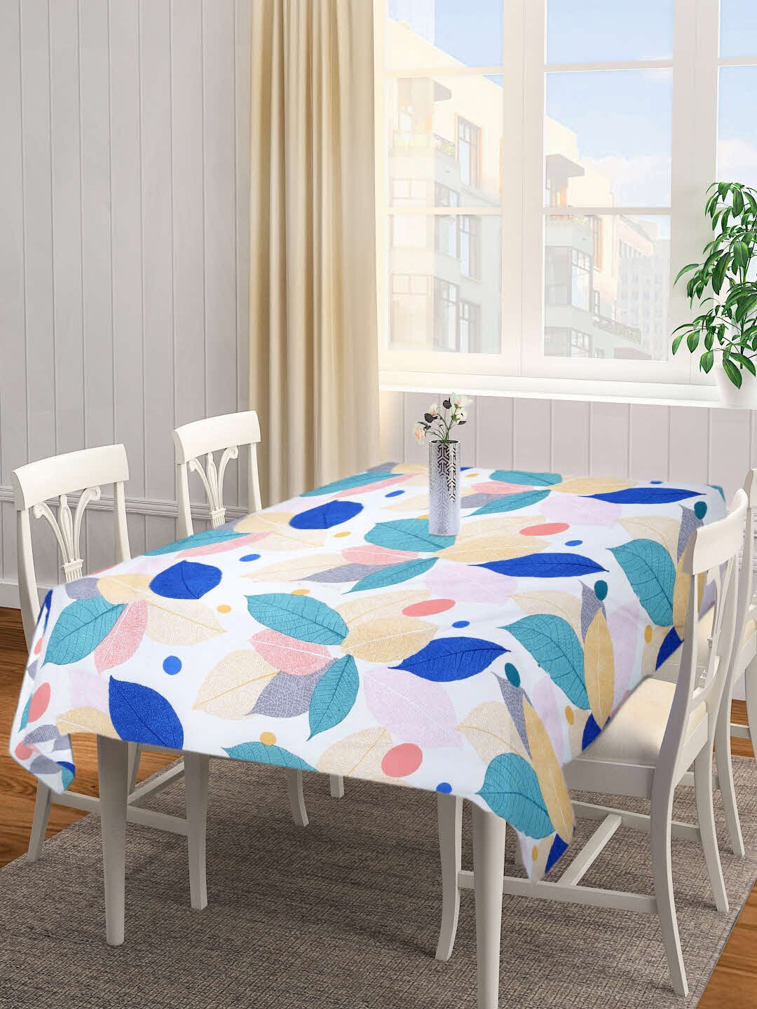 

Arrabi Pink & Blue Leaf Printed 6-Seater Table Cover
