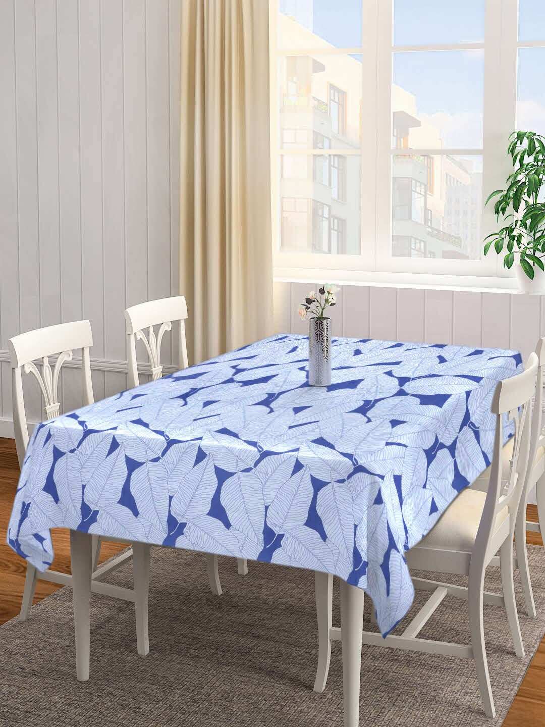 

Arrabi Blue Leaf Printed 6-Seater Table Cover