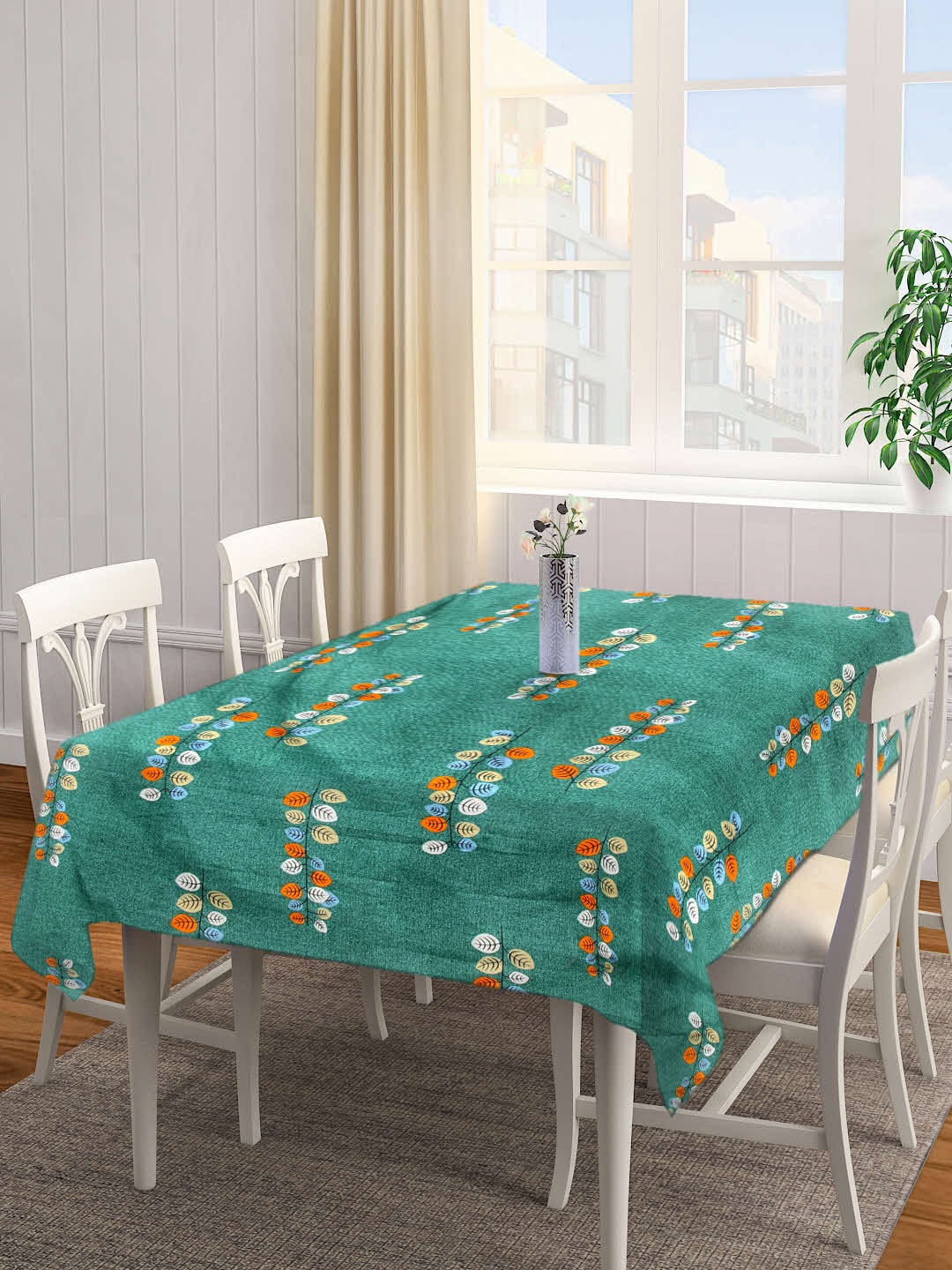 

Arrabi Green & Orange-Colored Leaf Printed 8-Seater Table Cover