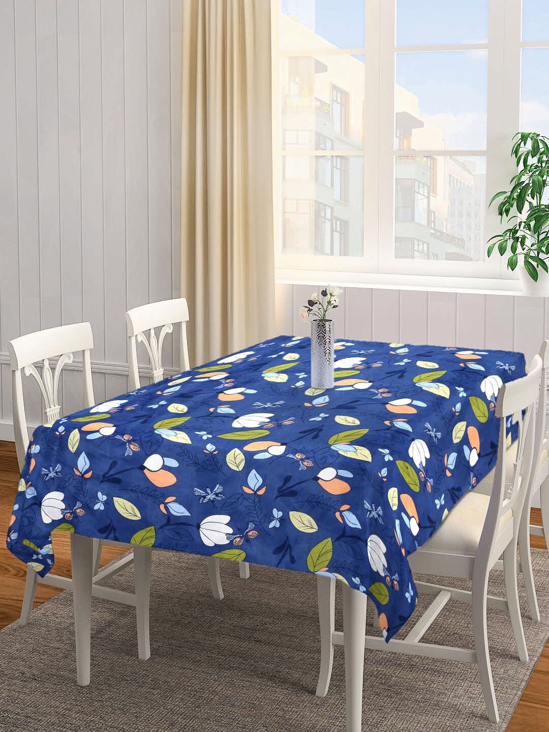 Arrabi Blue & White Floral Printed 6-Seater Table Cover