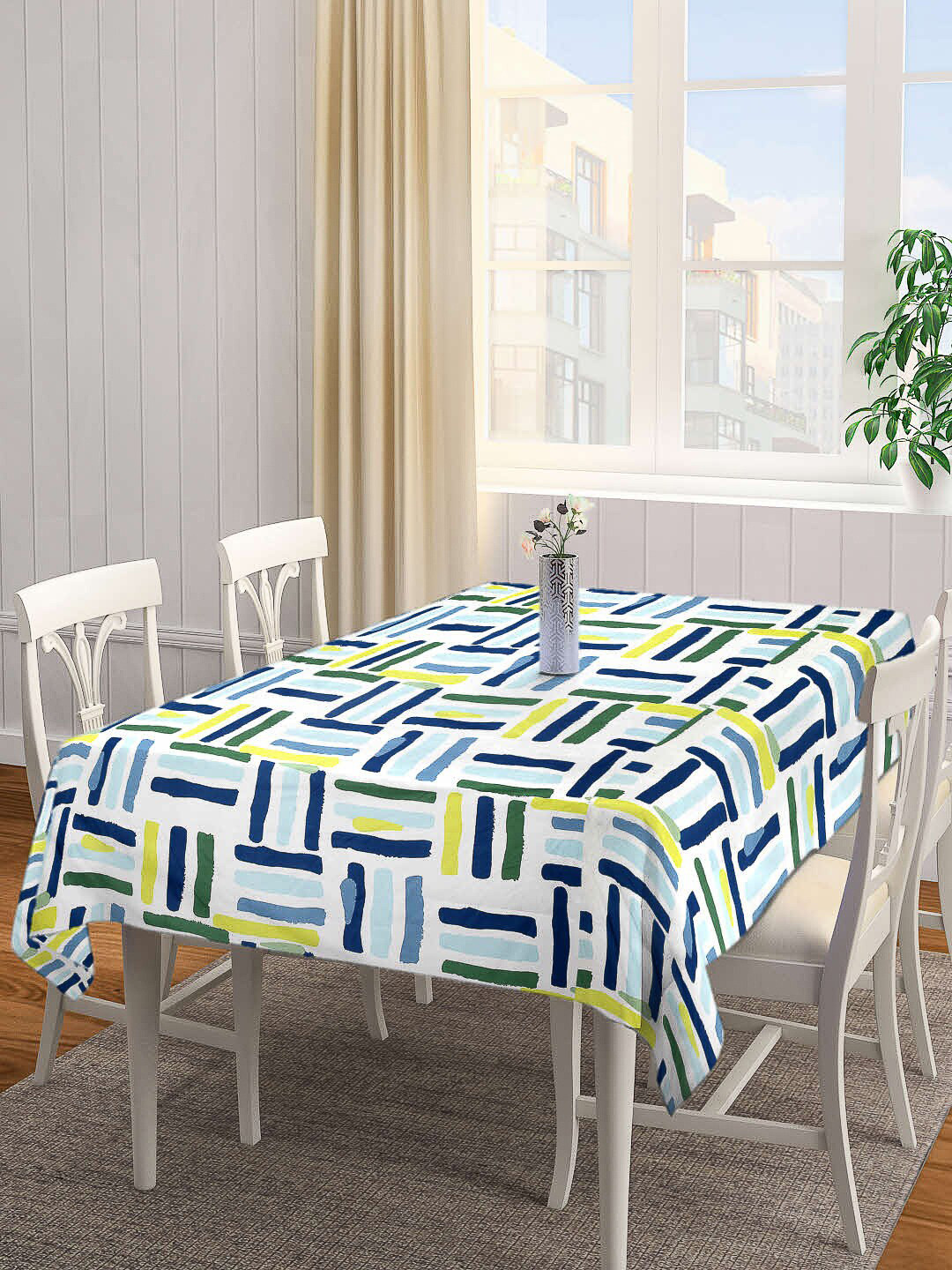 

Arrabi White & Blue Geometric Printed 8-Seater Table Cover