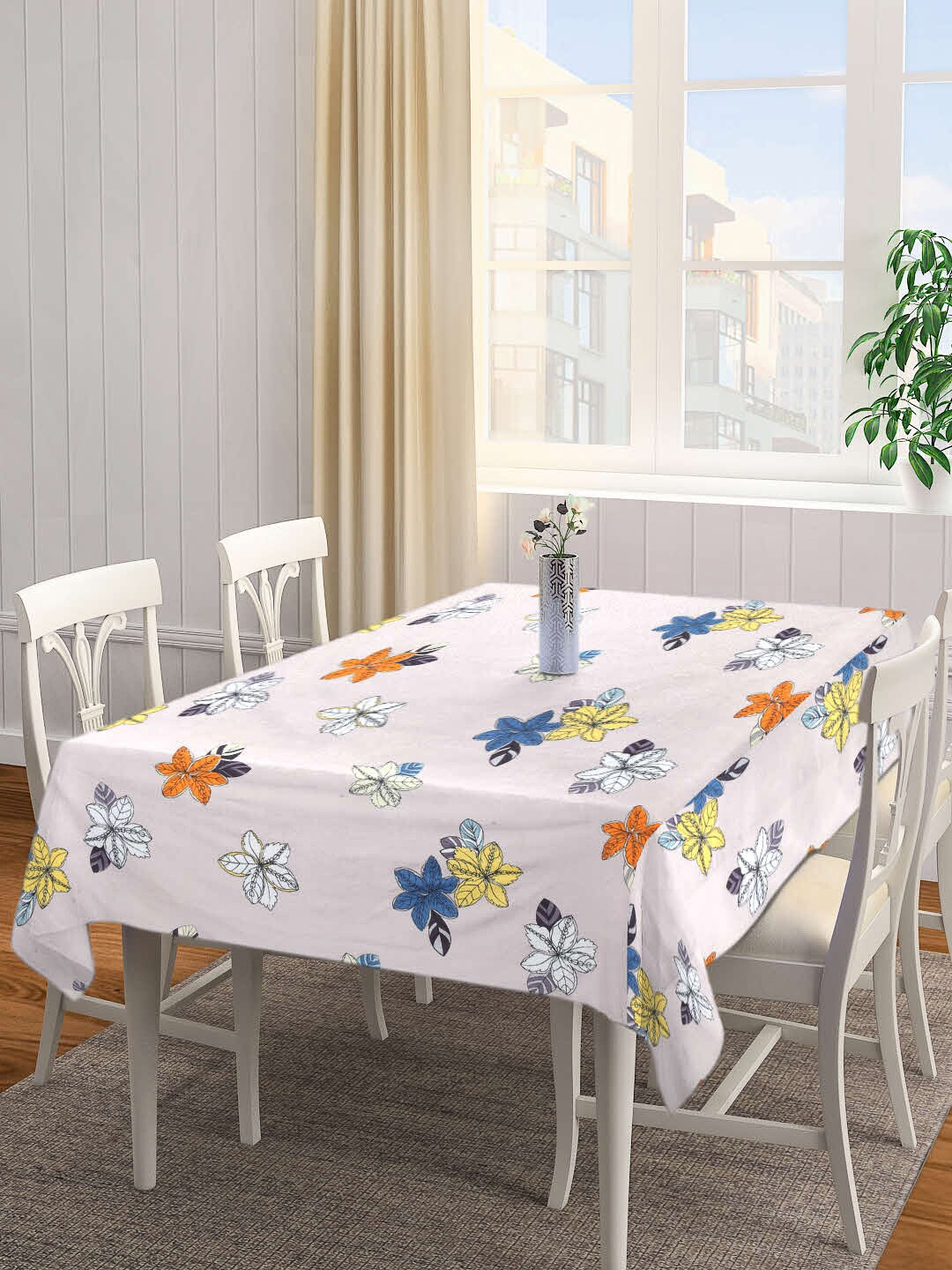 Arrabi Cream & Yellow Floral Printed 8-Seater Table Cover