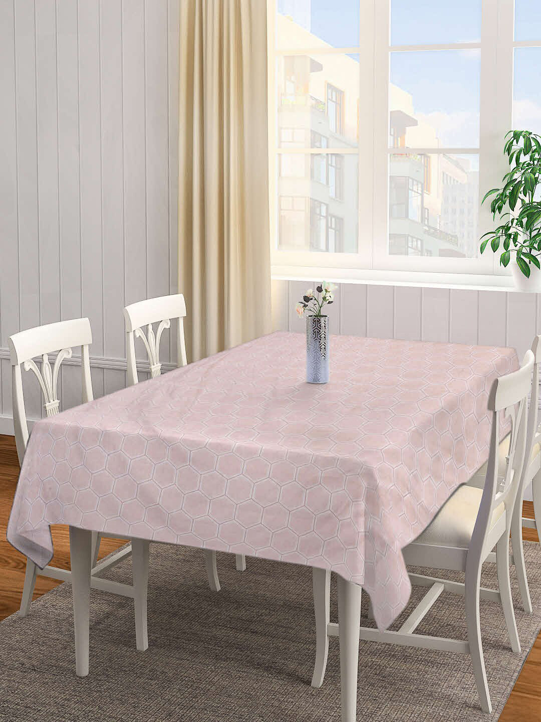 

Arrabi Peach-Colored & White Geometric Printed 8-Seater Table Cover