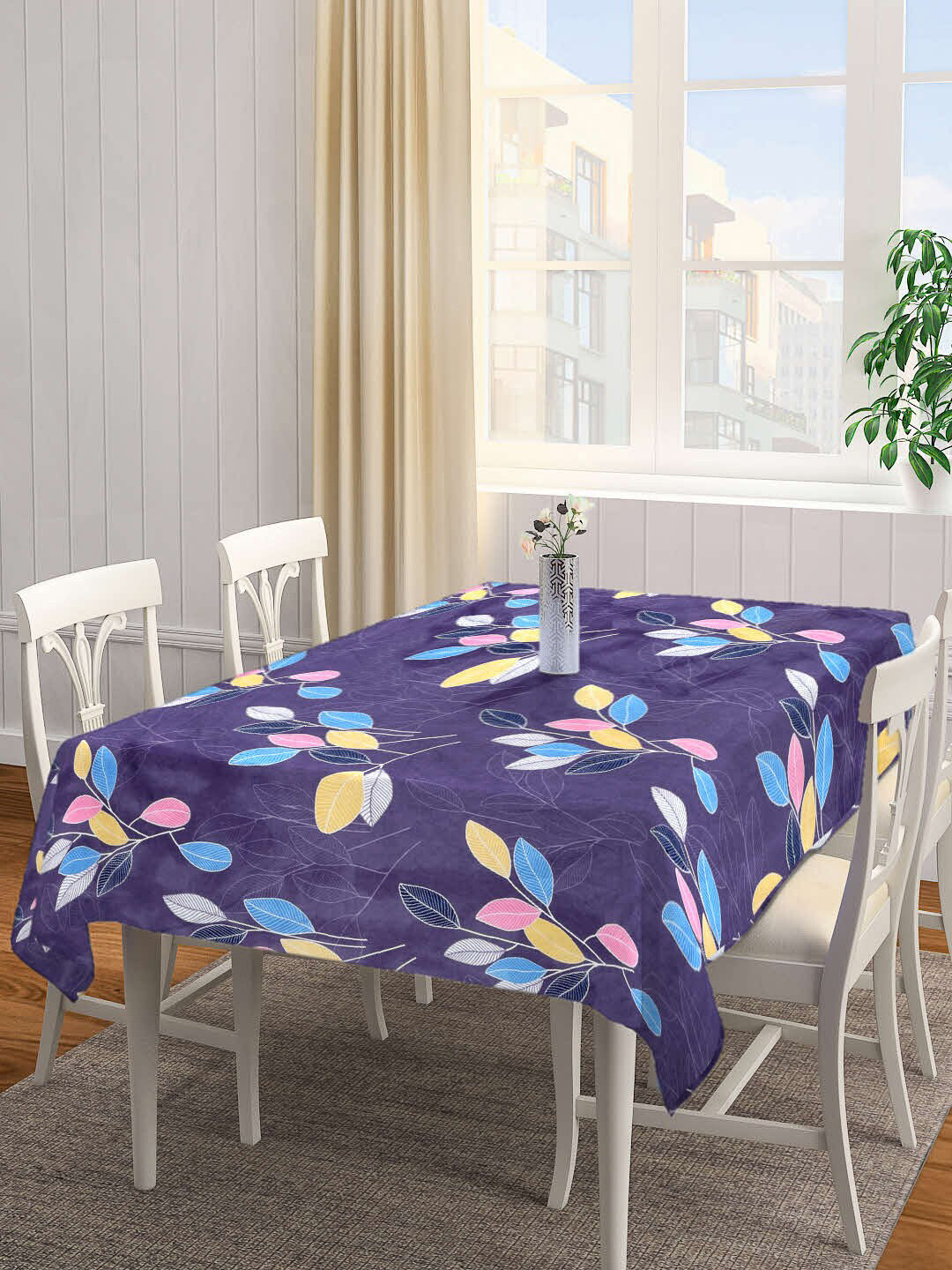 

Arrabi Purple & Blue Leaf Printed 6-Seater Table Cover