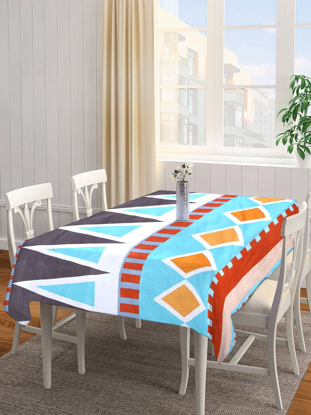 

Arrabi Blue & White Geometric Printed 8-Seater Table Cover