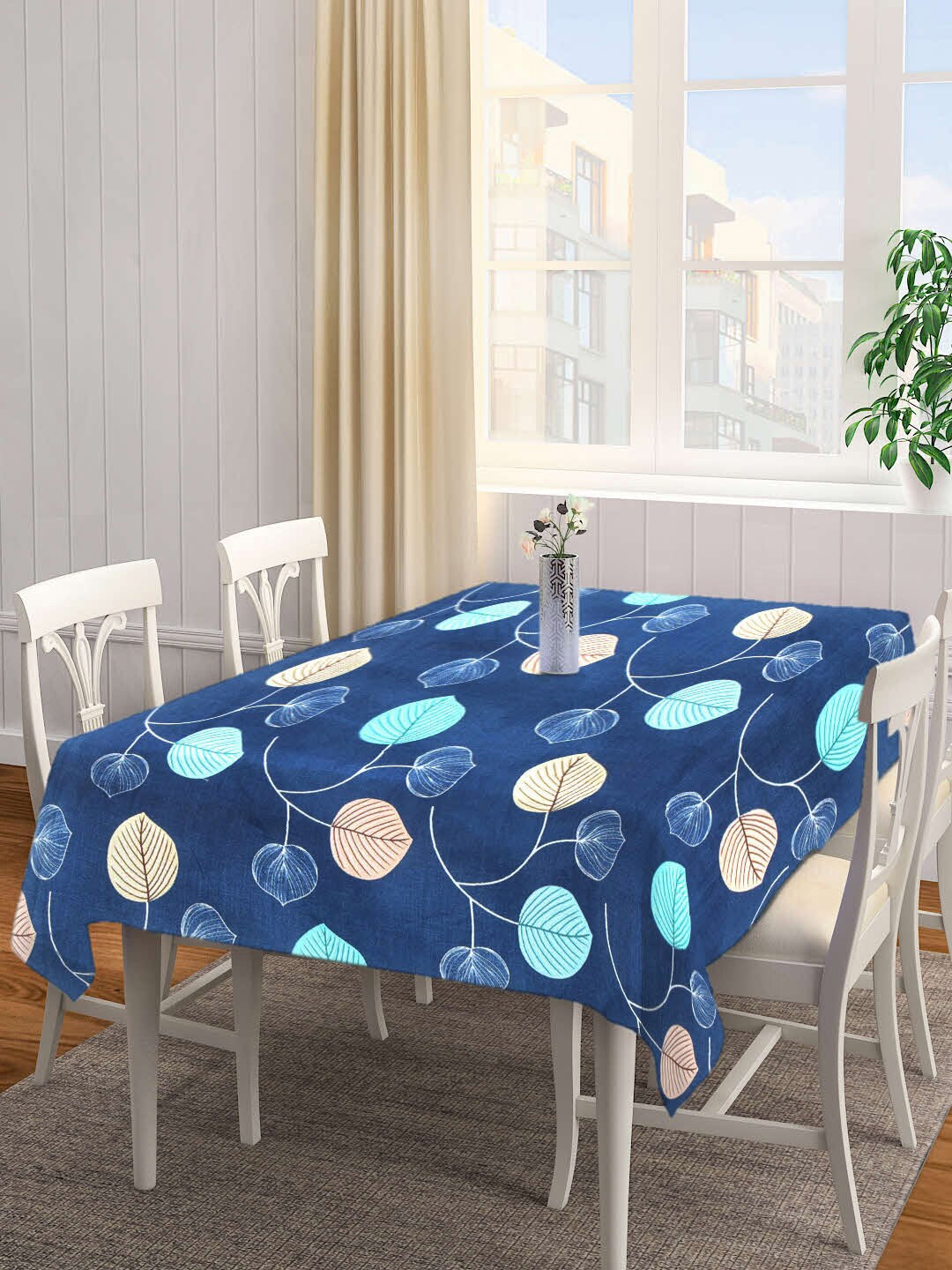 

Arrabi Blue & Beige Leaf Printed 8-Seater Table Cover