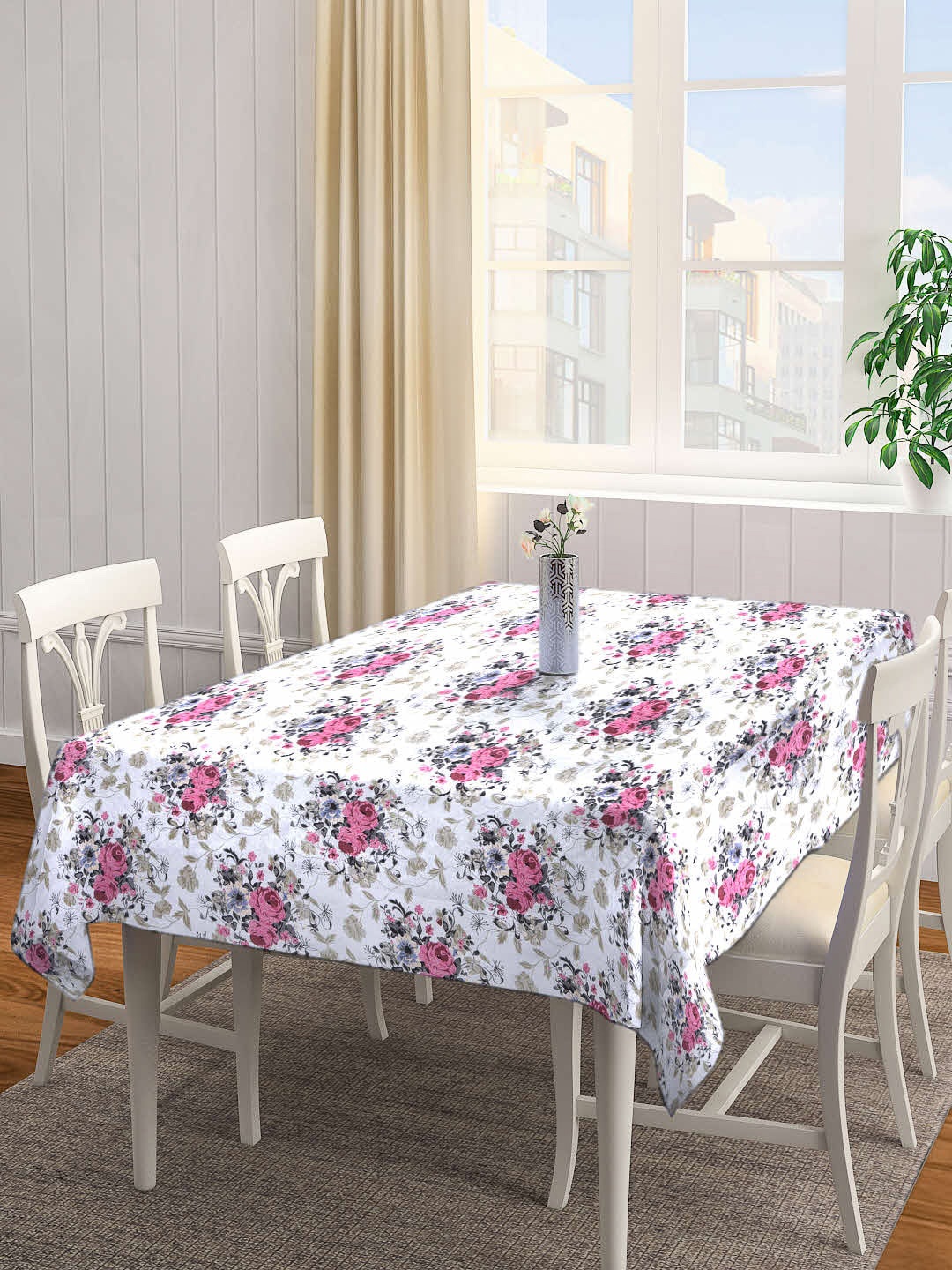 

Arrabi White & Pink Floral Printed 6-Seater Table Cover