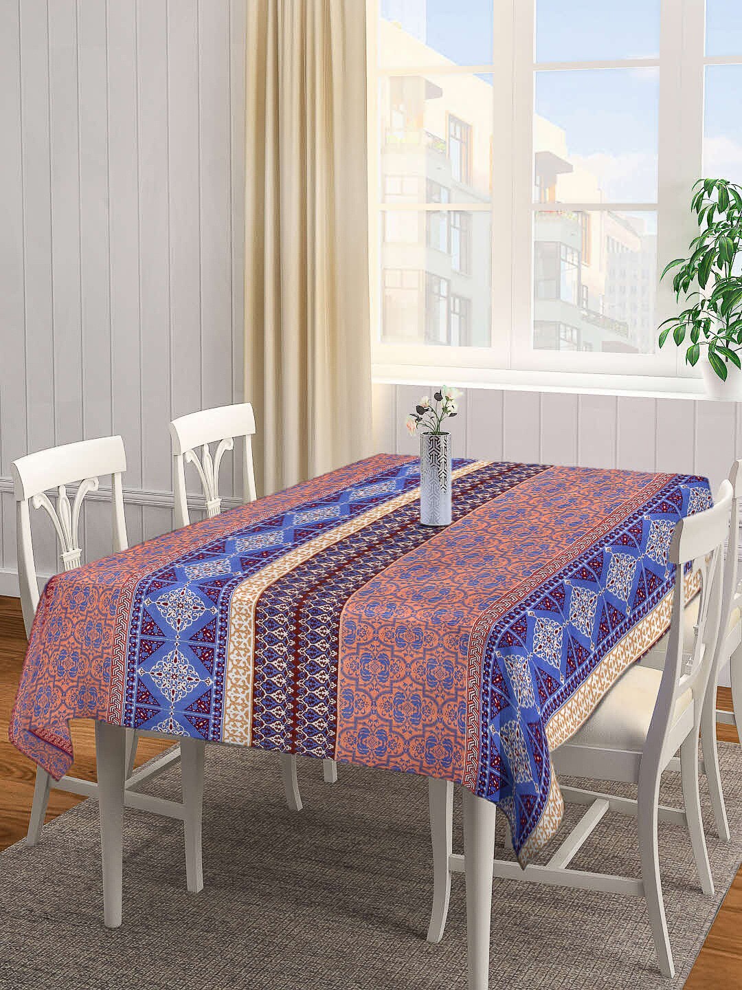 

Arrabi Peach-Coloured & Blue Printed 8-Seater Table Cover