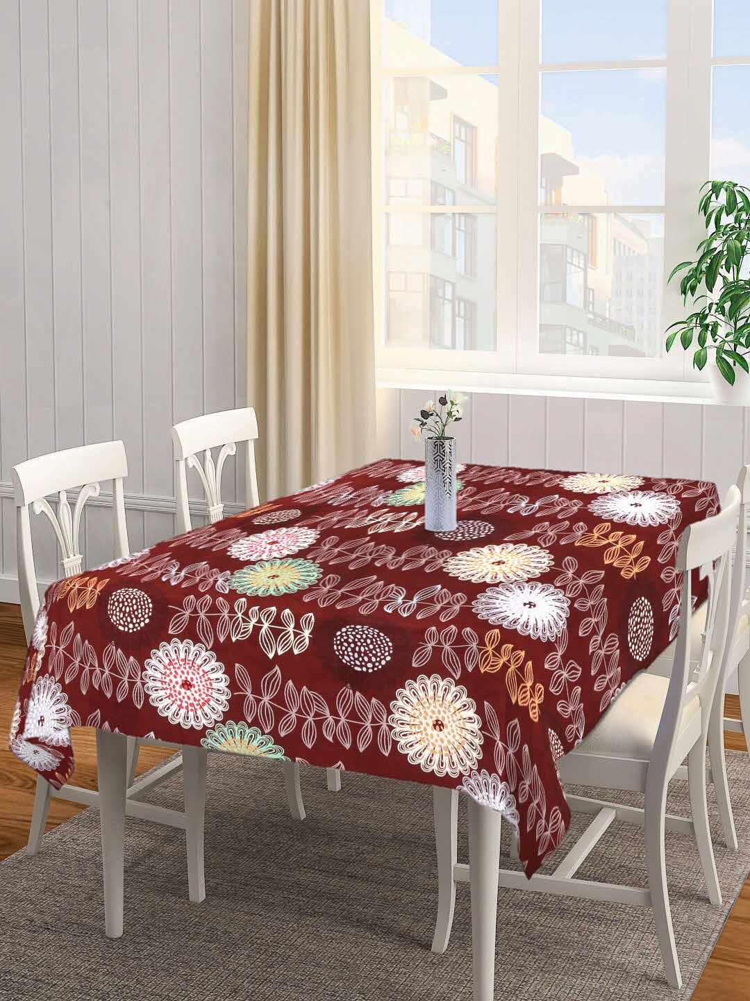 Arrabi Brown & White Floral Printed 6-Seater Table Cover