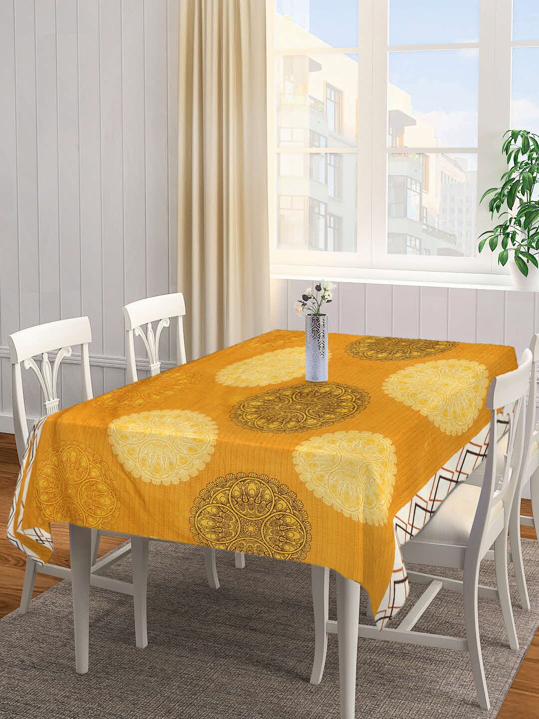 

Arrabi Yellow & Brown Ethnic Motifs Printed 6-Seater Table Cover