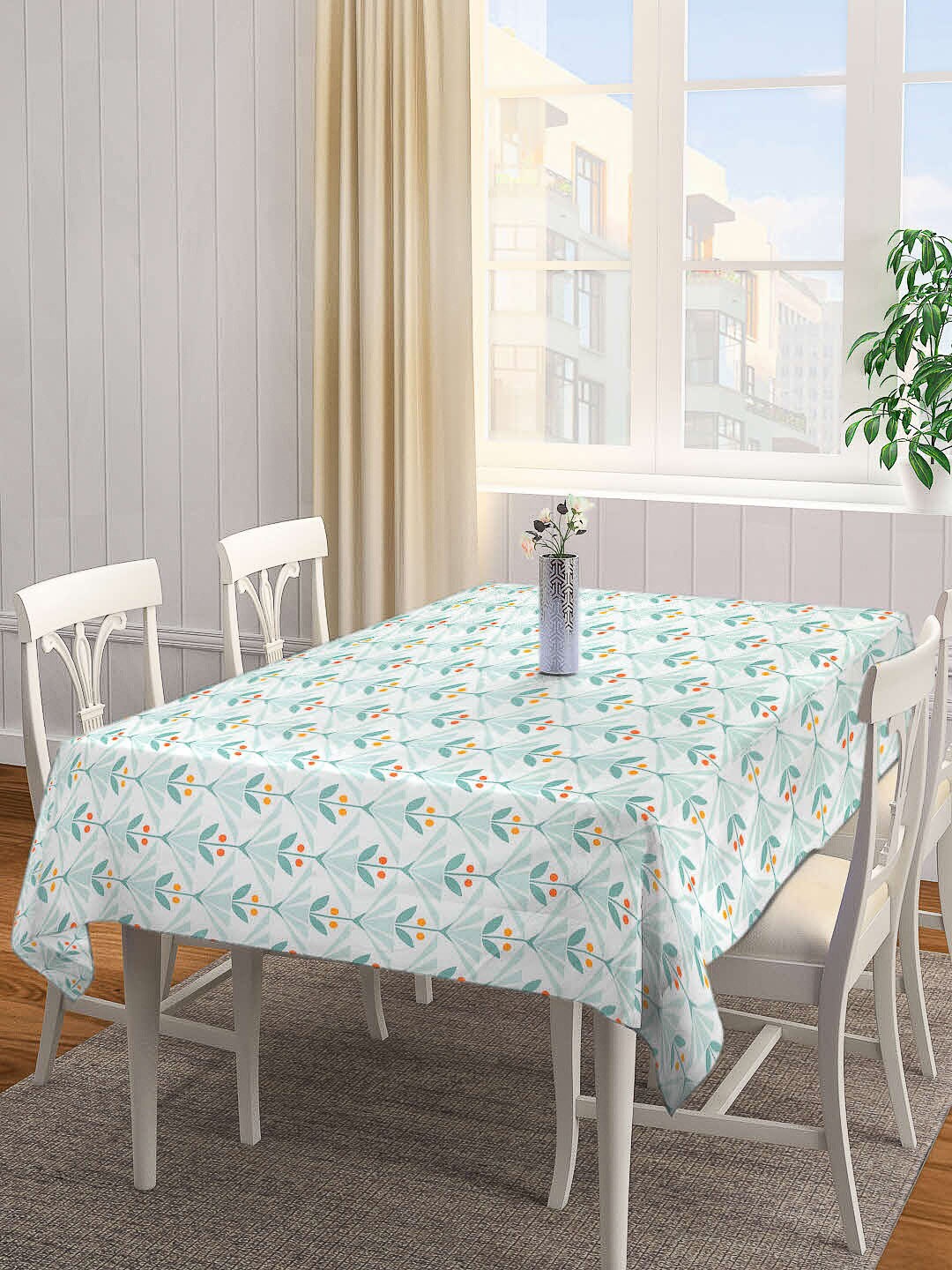 

Arrabi White & Green Floral Printed 8-Seater Table Cover