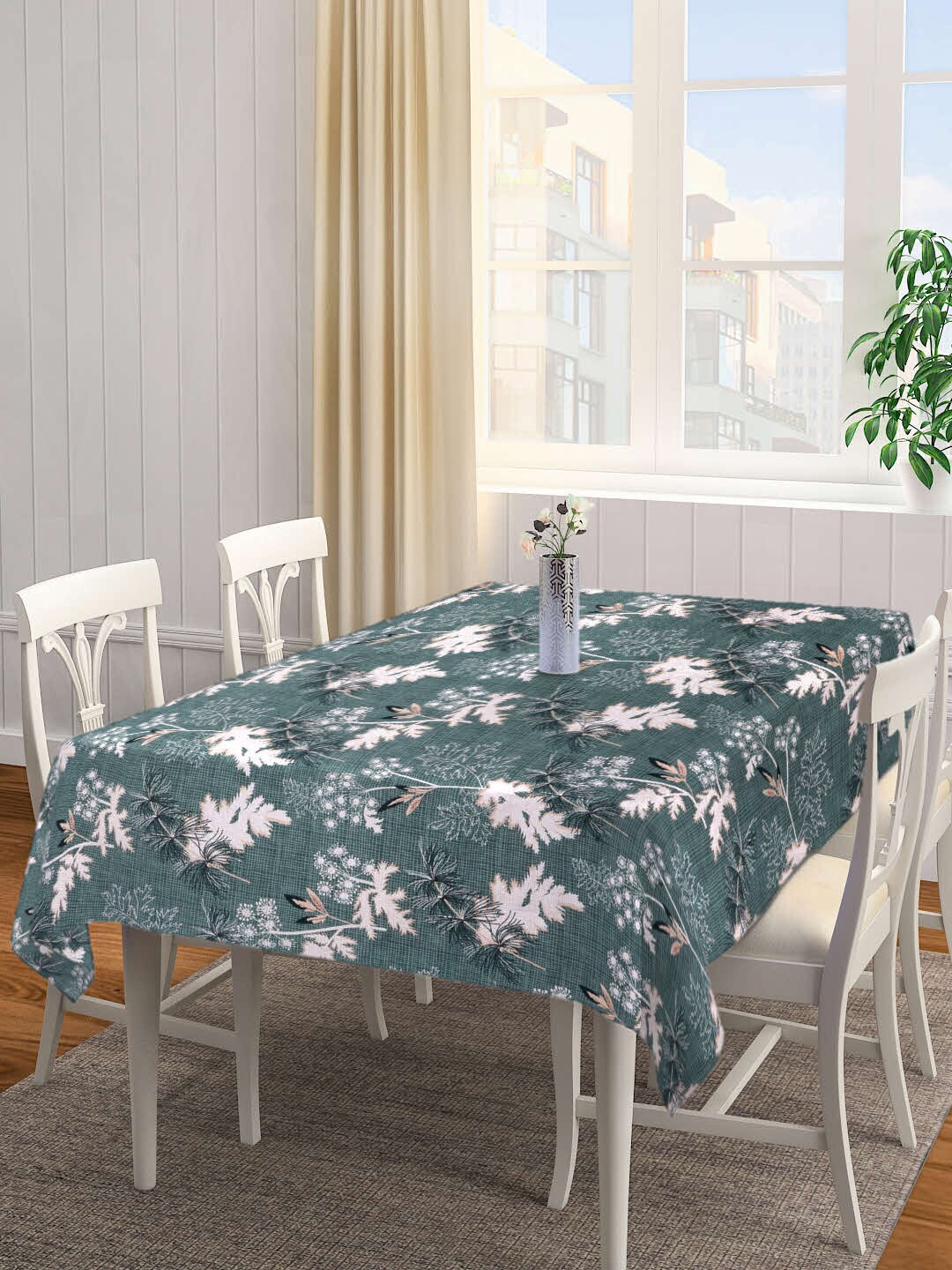 

Arrabi Green & Beige Leaf Printed 6-Seater Table Cover