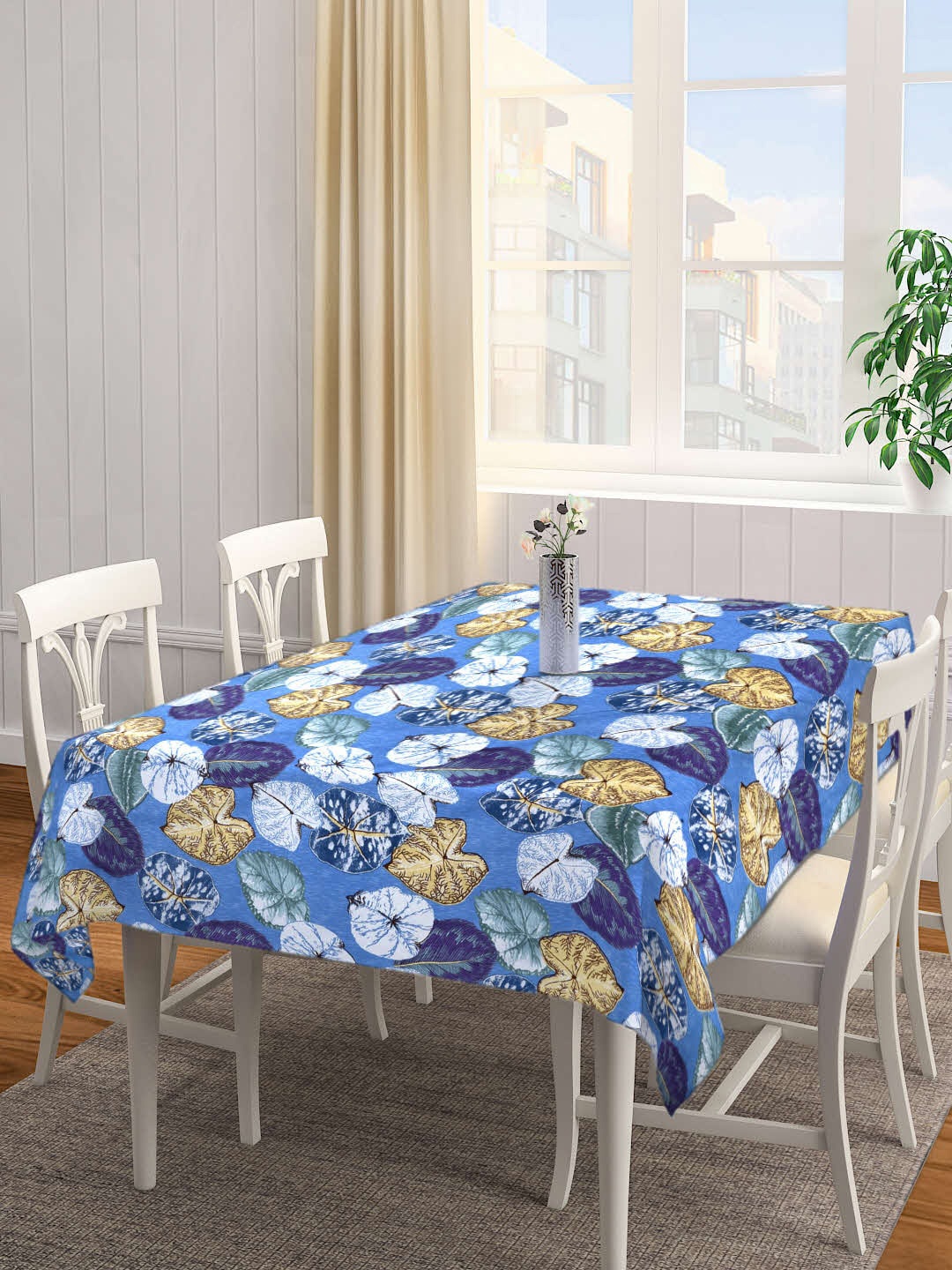 

Arrabi Blue & Yellow Leaf Printed 6-Seater Table Cover