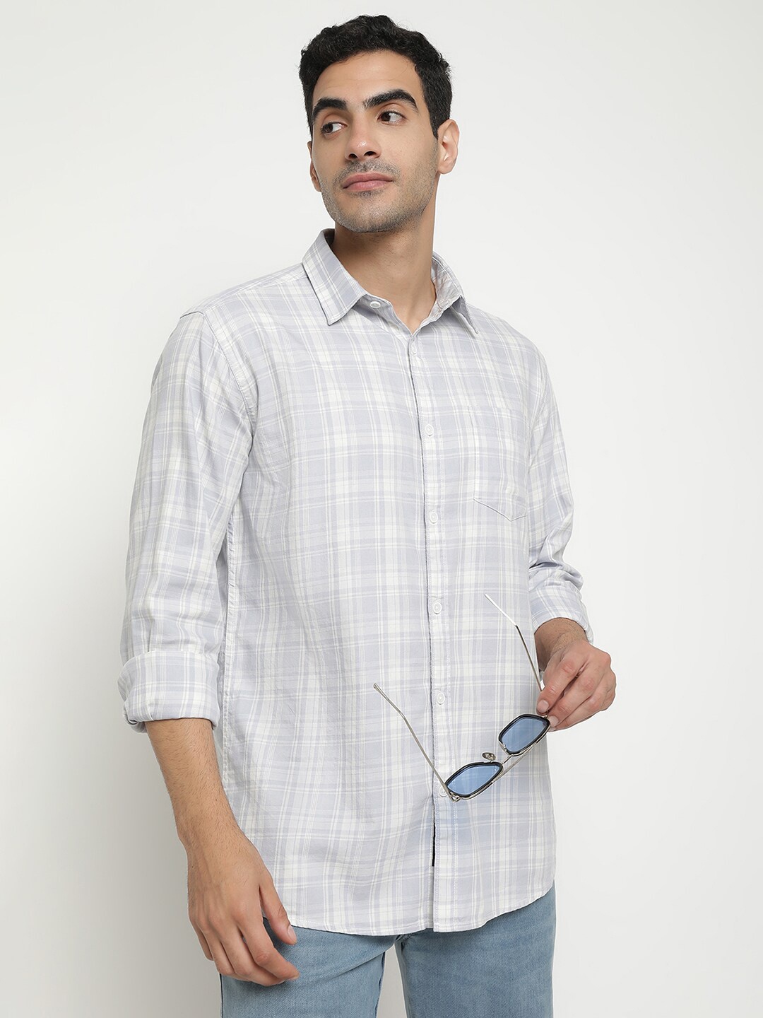 METTLE Grid Tattersall Checks Cotton Casual Shirt, Blue