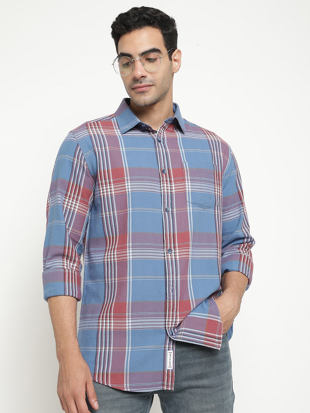 METTLE Tartan Checks Cotton Casual Shirt, Blue
