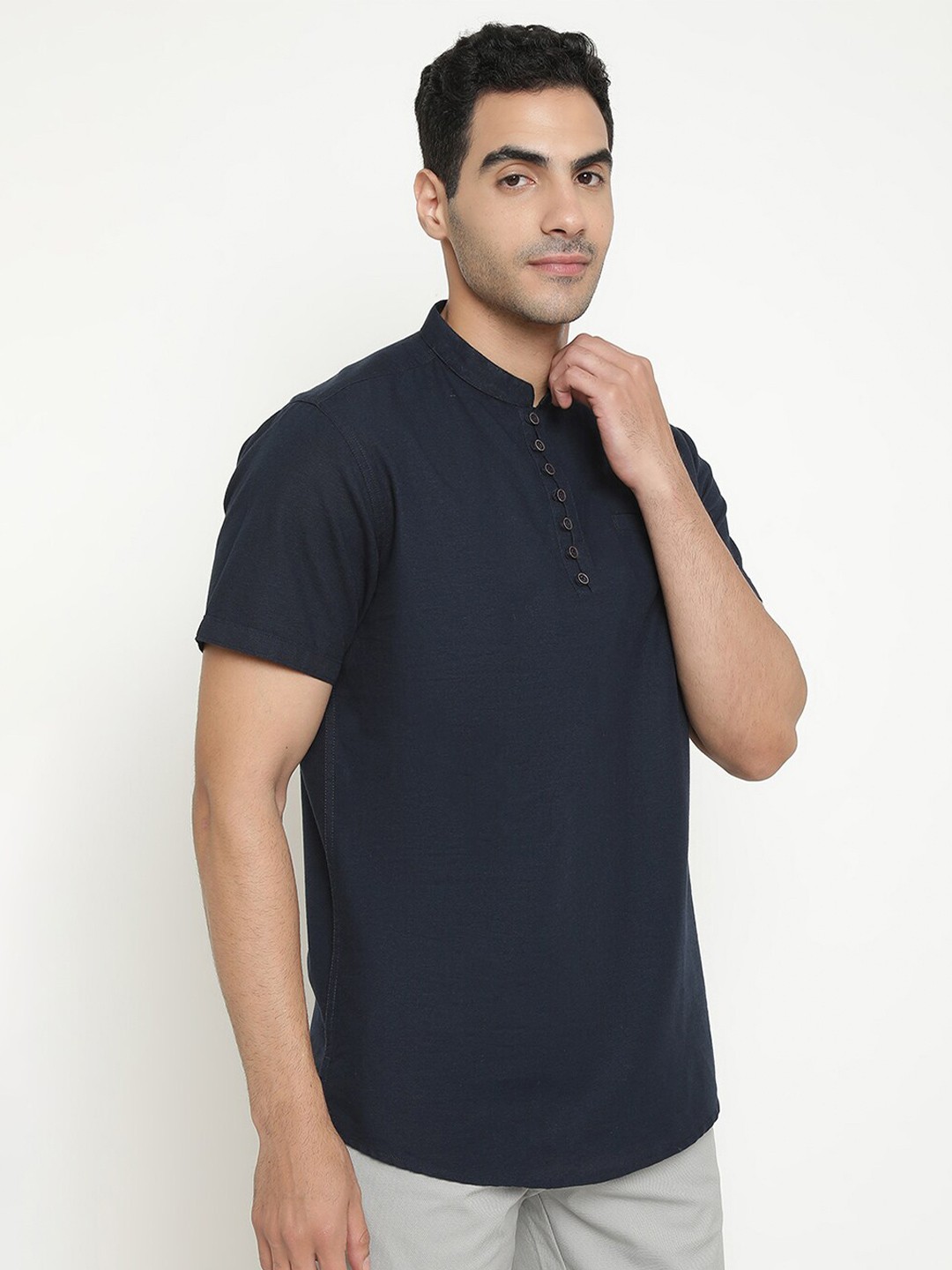 

METTLE Mandarin Collar Cotton Kurta, Navy blue