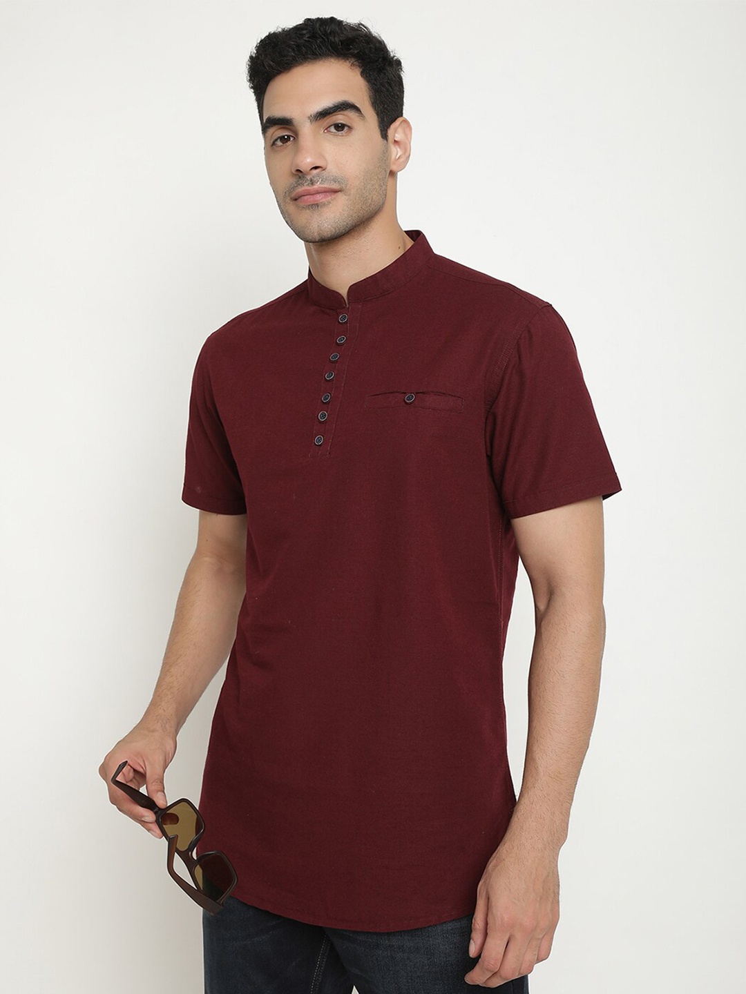 

METTLE Mandarin Collar Opaque Casual Shirt, Maroon