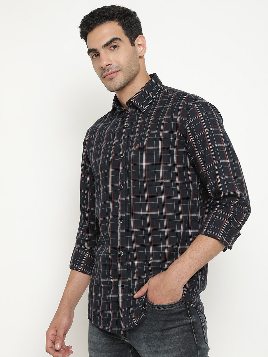 

METTLE Spread Collar Grid Tattersall Checks Cotton Casual Shirt, Navy blue