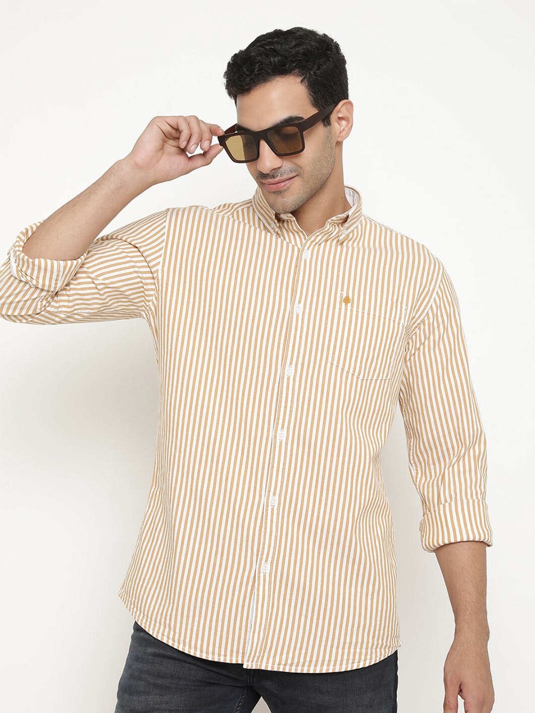 

METTLE Striped Cotton Casual Shirt, Tan