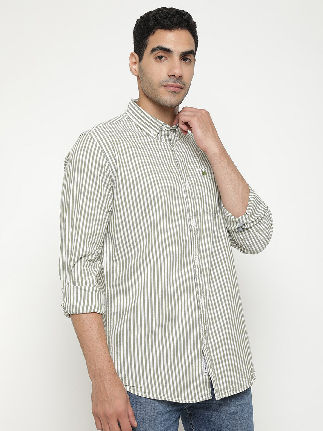 

METTLE Striped Cotton Casual Shirt, Olive