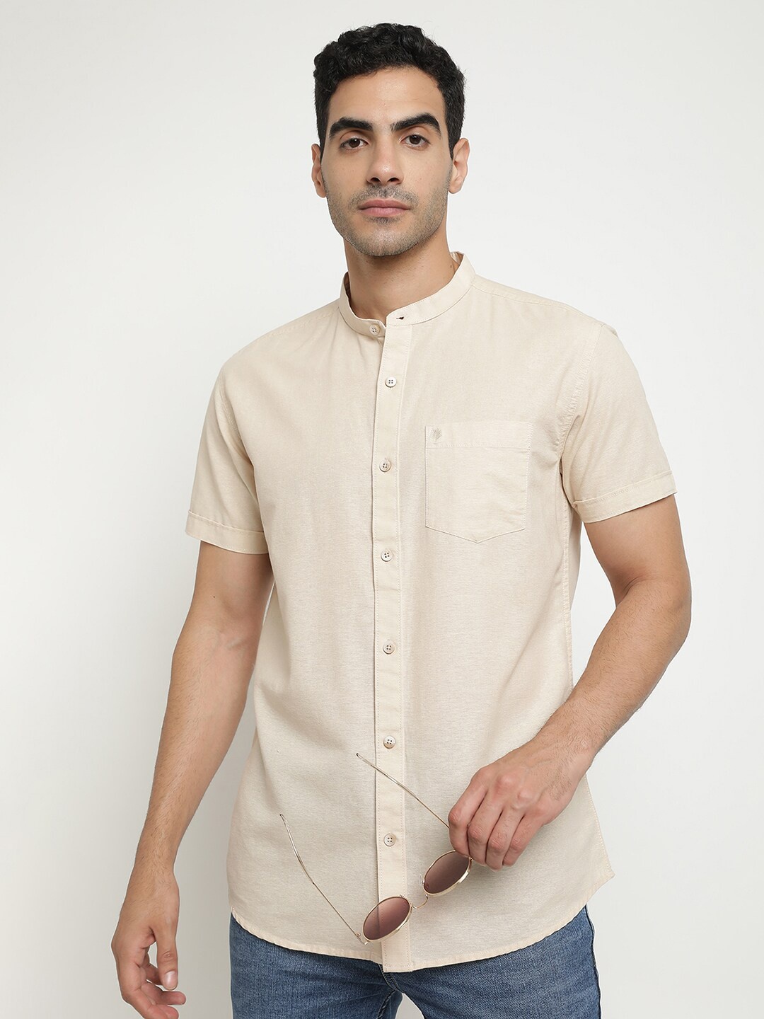 

METTLE Mandarin Collar Cotton Casual Shirt, Cream