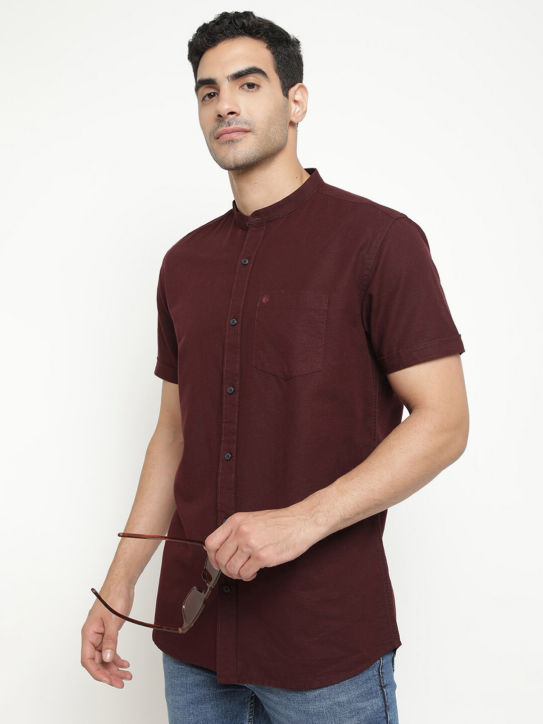 

METTLE Mandarin Collar Cotton Casual Shirt, Burgundy