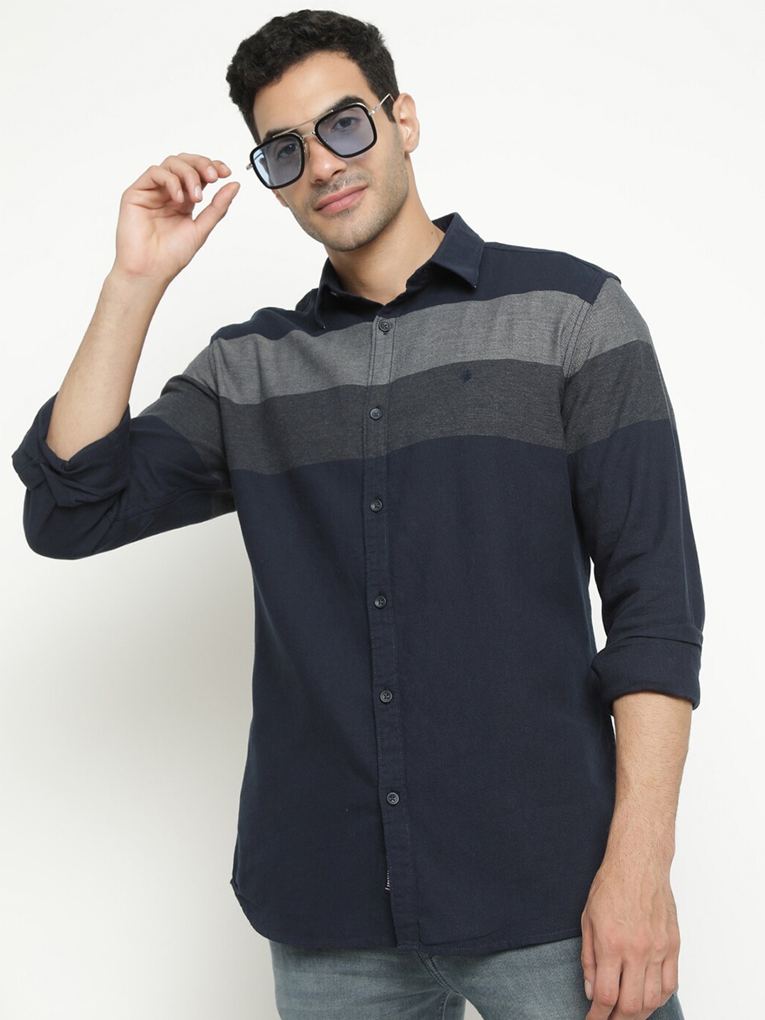 

METTLE Horizontal Stripes Cotton Casual Shirt, Navy blue