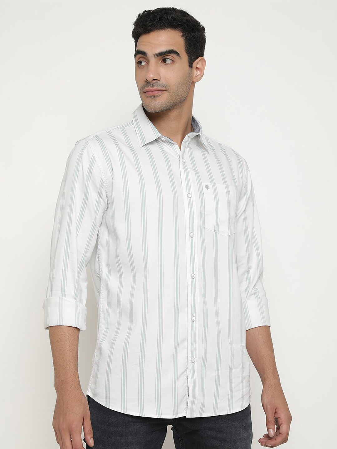 

METTLE Striped Spread Collar Cotton Casual Shirt, White