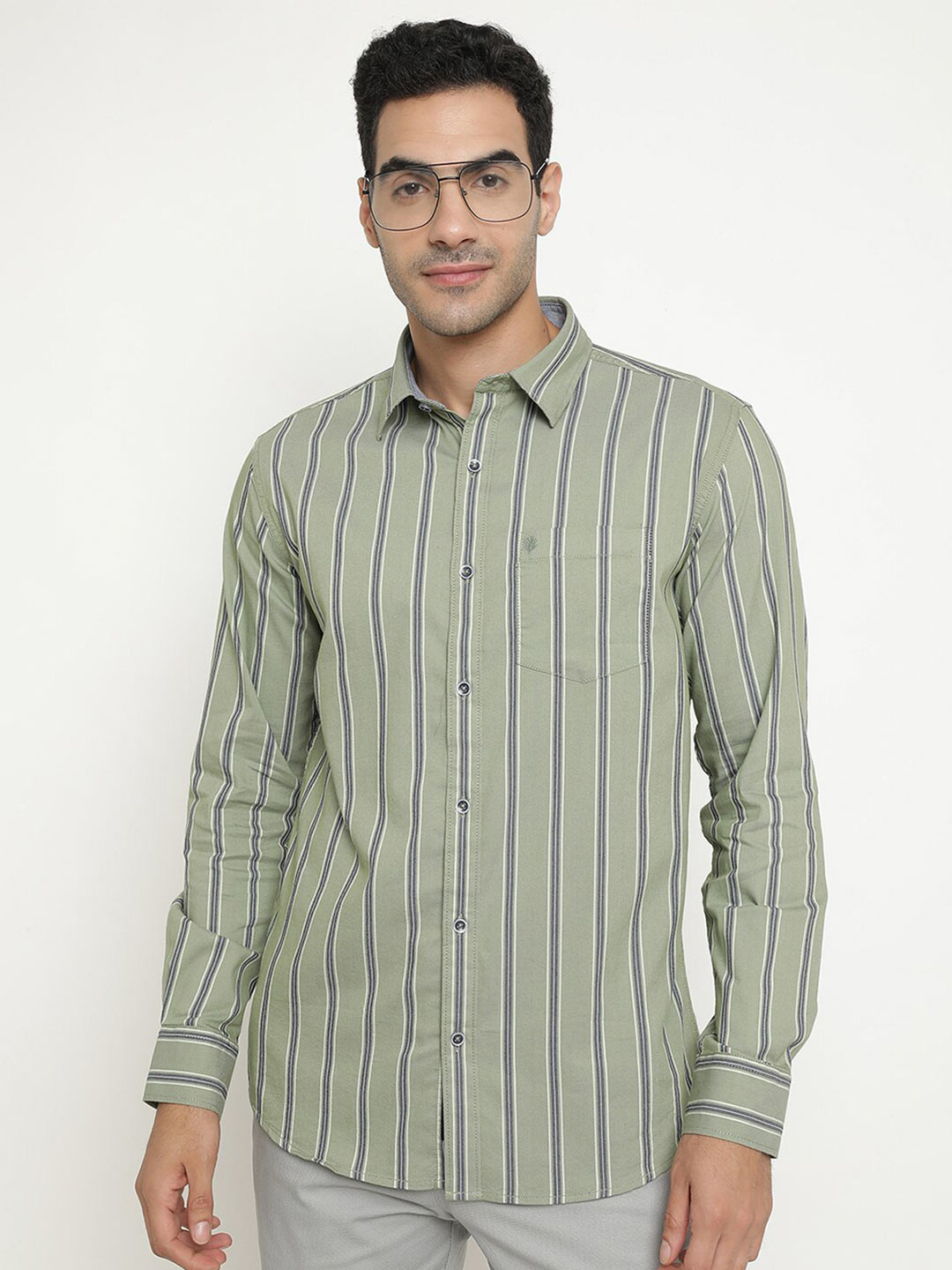 

METTLE Striped Cotton Casual Shirt, Olive